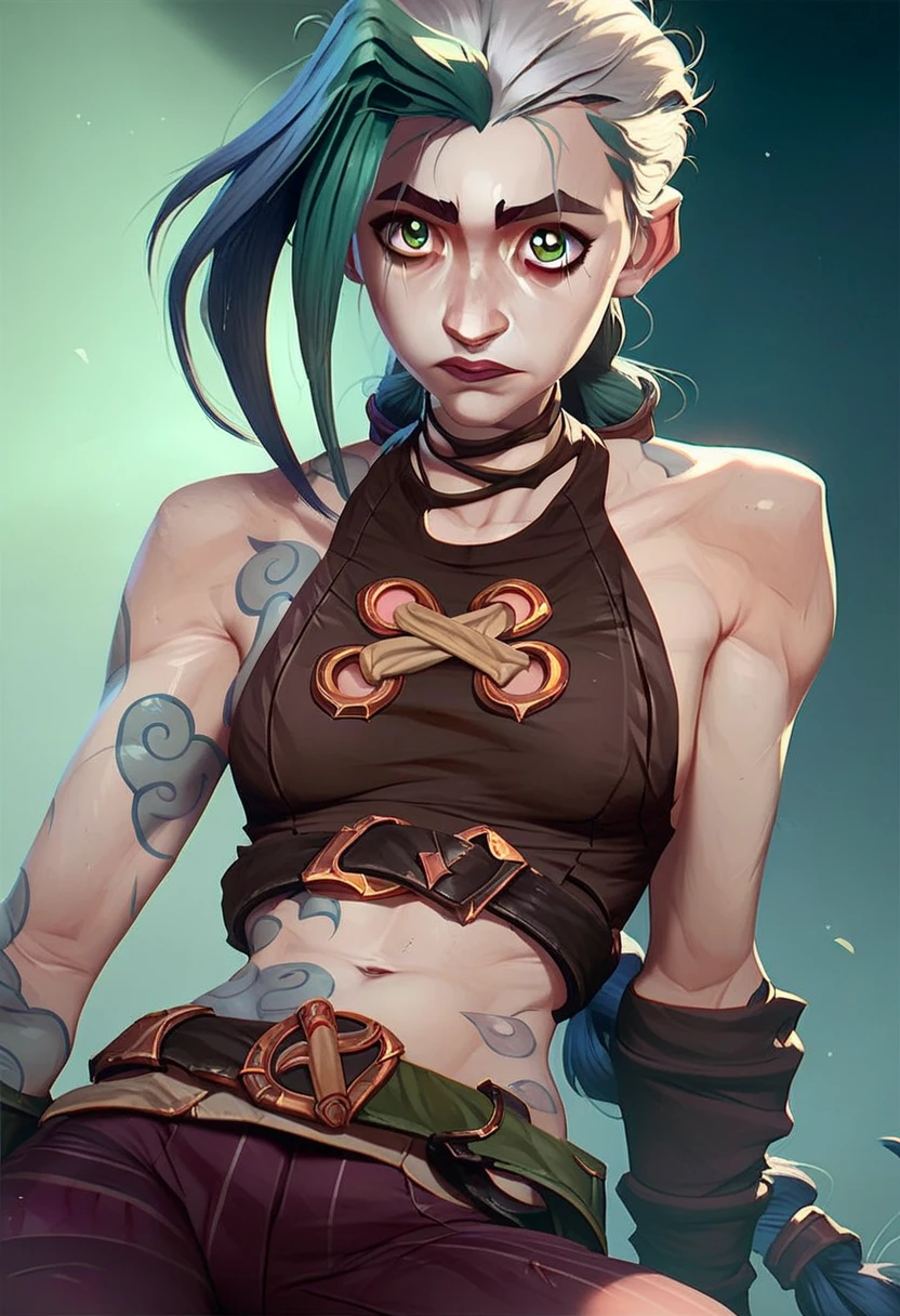 score_9, score_8_up, score_7_up,score_9, score_8_up, score_7_up, 1girl, j1nx, silver hair, pale skin, chocker, Brown shirt, green emerald eyes, long silver pigtails, tattoo, brown pants, belt