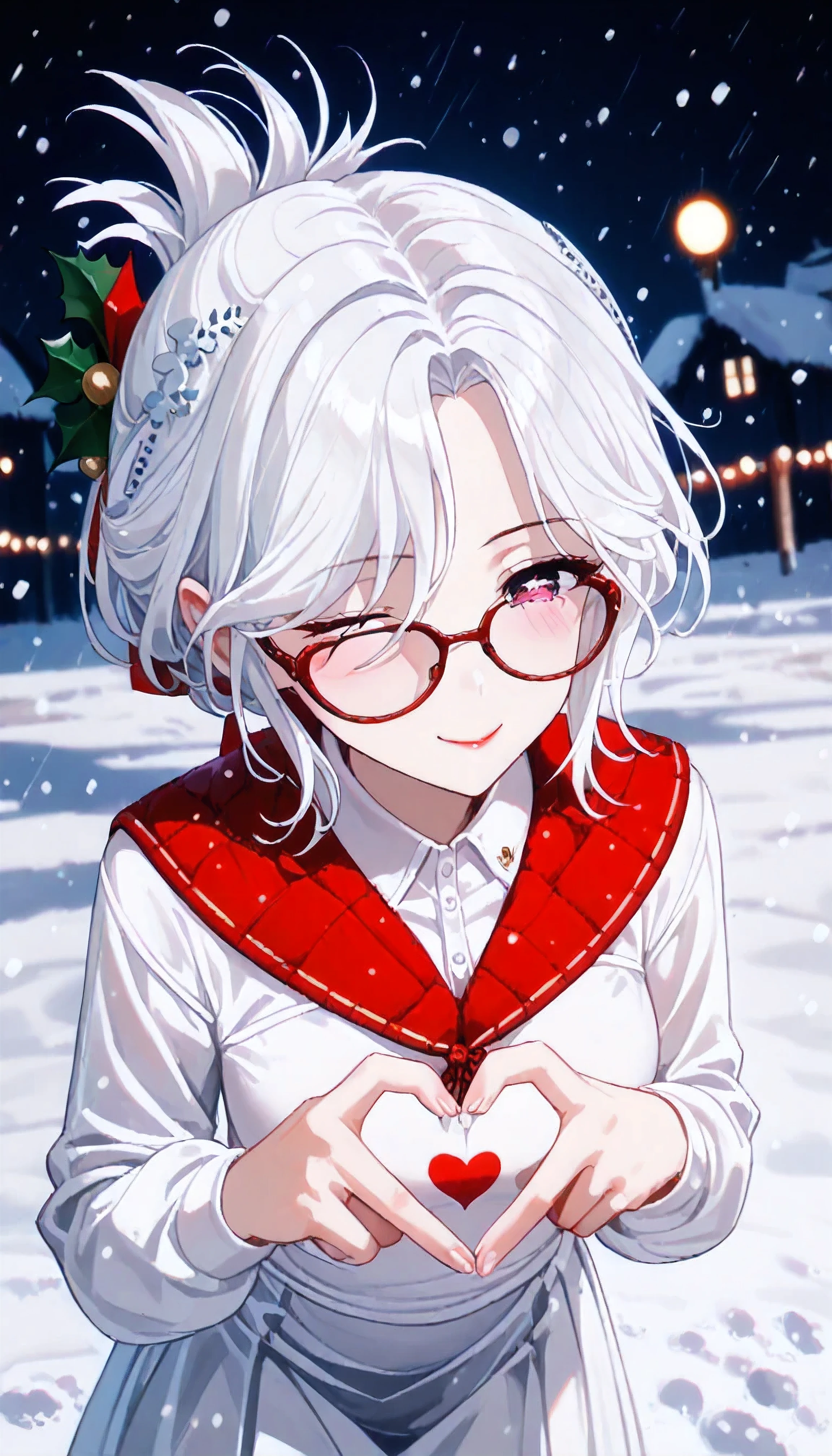 UN\(EOE\),one girl,solo,best quality, masterpiece, ,,break,1girl,(snowing,snow,winter,christmas themebokeh bakcground,from above,leaning_forward,),break, incredibly_absurdres, ,very high resolution, very aesthetic,by famous artist, 8k, 16k,,beauty illustration,photoshop_(small),,(pink eyes:1.2,one closed eye),(white hair|Detailed hair|short hair|shiny hair|curtained hair|folded ponytail|sidelocks|hair covered ears),(red and white Women's Collared Bodycon Long Dress, Slim Fit,red sunglasses),POV,(sleepy, depressed,smile,jitome),dilated pupils, empty eyes,one mole under eye,tareme,hair strand, hair over one eye,evil smile, naughty face, red lips,(heart hands, 4-Finger Heart Hands,)