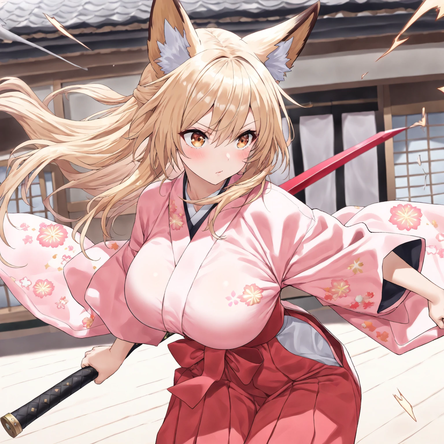 (masterpiece),(best quality),ultra-detailed,very aesthetic,high saturation,Dynamic scene,BREAK,1girl,30 years old,curvy,large breasts,tall,stout build,bewitching,(a fox tail),blonde fox ears,short hair,blonde hair,beautiful face,(brown eyes),(messy hair),disheveled hair,hair intakes,(fusion of dark green gradient flower print kimono and pelvic curtain:1.2),loose chest,serious,annoyed,battle,(slashing a katana),incoming attack,assaulting,tabi,(japanese shrin,plaza),(scar on cheek,scar on breasts:1.2),cowboy shot