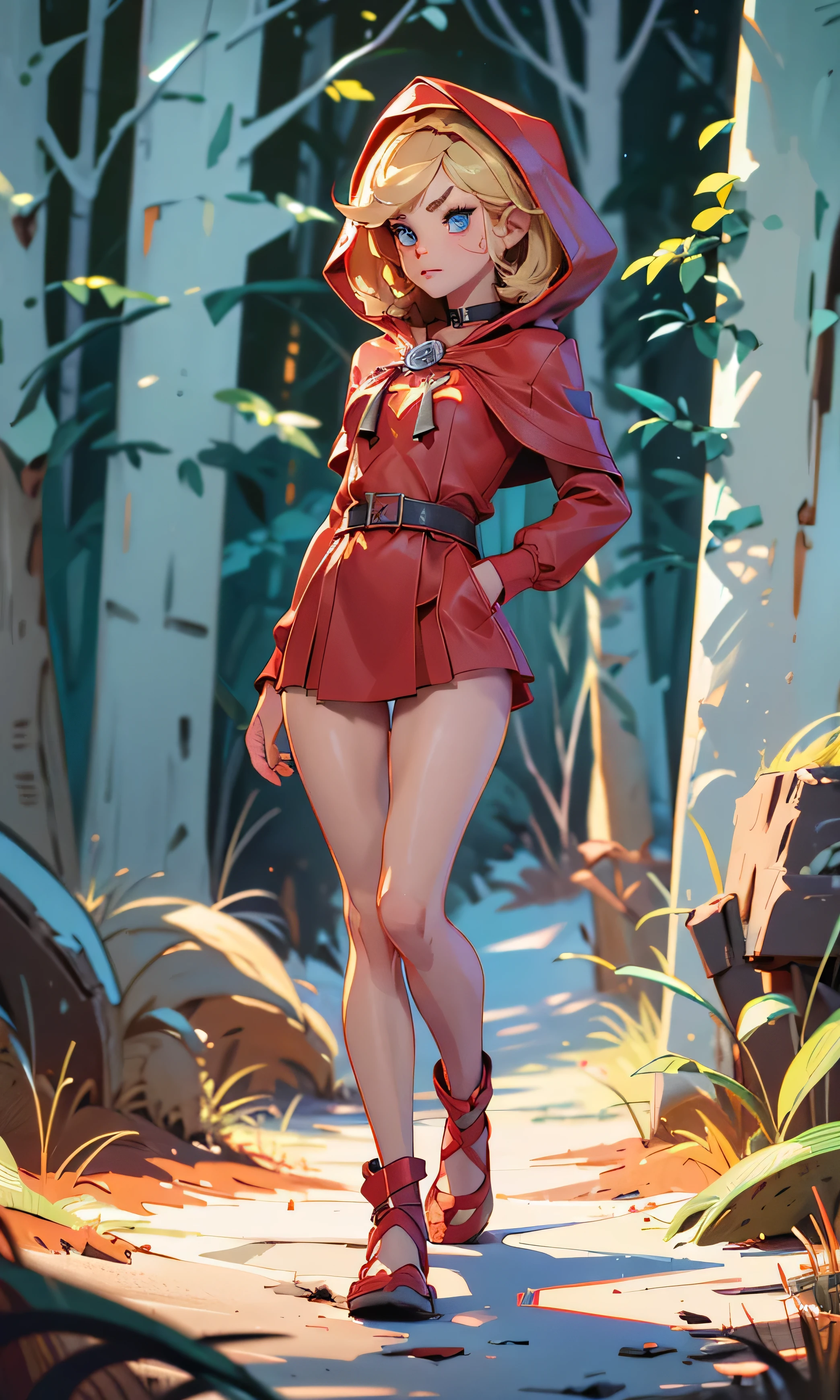 Masterpiece, Little Red Riding Hood, ite, skinny, head on, looking at the spectator, short hair, blond hair, blue eyes, arched eyebrows, full body, small breasts, pretty legs, sexy, ((naked)), ((pussy)), walking in the forest, dark forest, red cape, dark sky, Big trees,