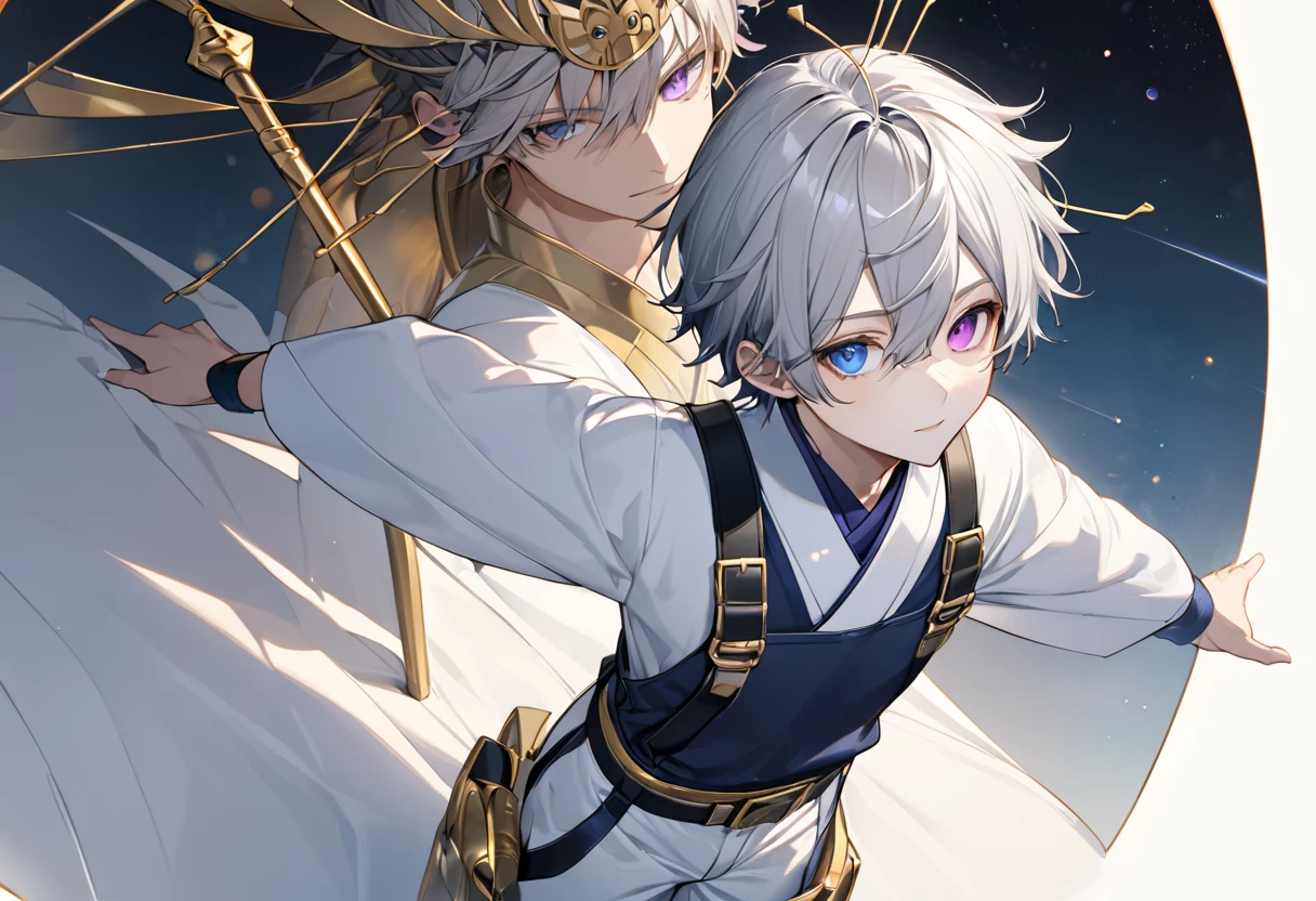  fresh illustration ,
Superfine painting,
 very delicate illustration ,
 Very fine details ,
Picture of only one boy ,
Height: 158cm,
 white skin,
The right eye is blue and the left eye is purple,
 rainbow heterochromia,
 beautiful eyes,
 large black pupils ,
 short hair with shadows,
Gray Hair,
 hair roots are bluish ,
 hair has gradation ,
 shiny hair with makeup,
 cute faces ,
Beautiful face,
There is a shiny rear wheel on the back of the head ,
 raised eyebrows ,
 upper body is wearing kimono in Japanese clothes ,
Masculine physique,
 Six Pack ,
Super small breasts,
No boobs,
 lower body Nadres ,
The color of the belt is black ,
Overall white clothes ,
 tasteful embroidery with gold thread ,
 fine fabric clothing ,
 jockstrap underwear ,
 thigh strap ,
 thigh strap は肌に食い込んでいる,
The number of fingers on a hand is five,
 thin waist,
 thin legs ,
Isometric,
Golden Ratio,
god々 like atmosphere,
 wearing blue colored padded collar innerwear ,
 outer space ,
Milky Way,
Little Star々 upper body ,
 tactical use of shadows ,
 don't let the ring of head or hair stick out from the angle of view,
 clothes don't stick out of angle of view ,
 body orientation is symmetrical ,
Clothes are symmetrical,
Picture of standing upright and steady ,
 with little pubic hair,
Knee Shot,
There is no decoration on the head,