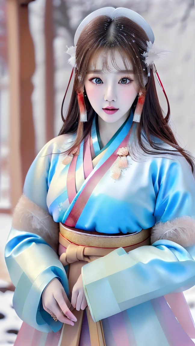 (masterpiece), (4K,  Fantastic), (high quality), UHD,  wallpapers, pretty Korean girl, glamorous, ((Glossy skin:1.2)), (very large breast:1.0), (F-cup chest:1.0), snowy, covered with snow, Korean traditional street, ((Korean traditional hanok, korean traditional costumes)), sexy, ((Hanbok)), ((Korean traditional clothing in various colors:1.6)), dynamic and sexy, Dynamic random poses