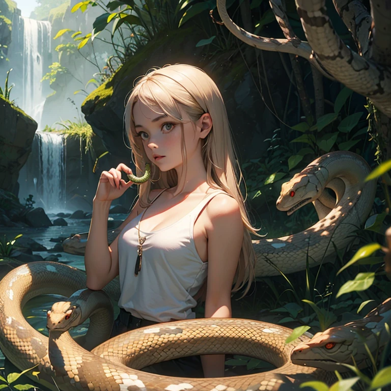 a girl alone, sitting in the forest. wearing white blouse, micro shorts, high tops, flip-flops, (big black snake wrapped around the girl), (venom dripping from the snake's mouth), masterpiece, high definition, best image quality, breaks messy hair, shiny black hair, (beautiful green eyes and details:1.3), red lips, (teeth:1.2), beautiful face with perfect symmetry, medium and natural breasts, (contoured skin shape, correct texture, high details), (bright natural skin color: 1.2), cinematic lighting, vivid colors, perfect color tone, realistic and complex details, high resolution, 4K, HDR, ultra-detailed, depth of field.