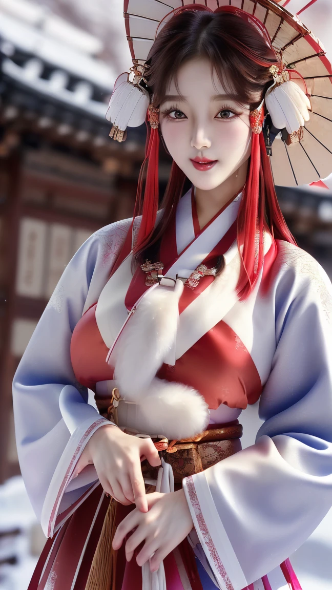 (masterpiece), (4K,  Fantastic), (high quality), UHD,  wallpapers, pretty Korean girl, glamorous, ((Glossy skin:1.2)), (very large breast:1.0), (F-cup chest:1.0), snowy, covered with snow, Korean traditional street, ((Korean traditional hanok, korean traditional costumes)), sexy, ((Hanbok)), ((Korean traditional clothing in various colors:1.6)), dynamic and sexy, Dynamic random poses