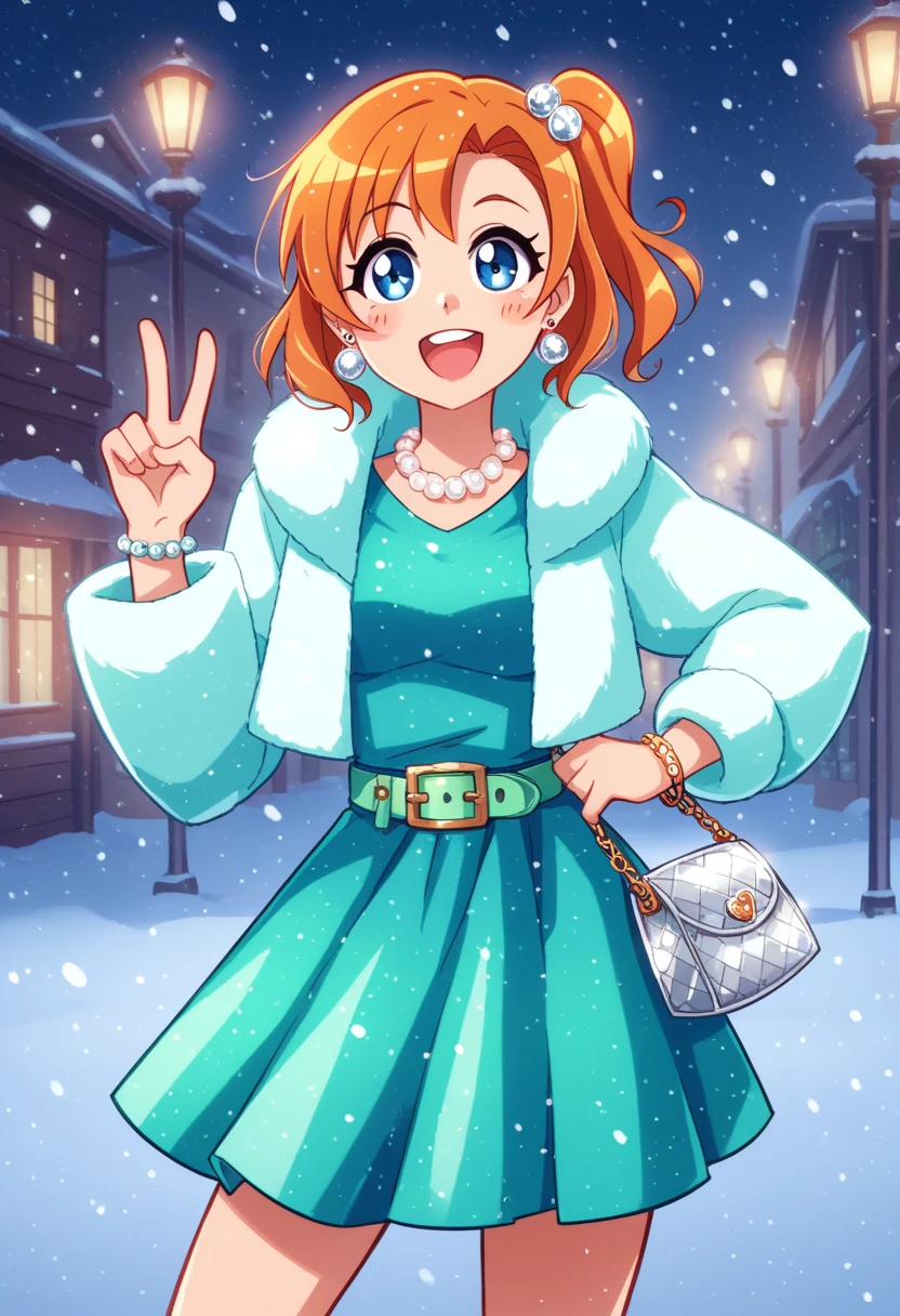 kousaka honoka , blue eyes, orange hair, winter,standing, smile, snowing,night,score_9, score_8_up, score_7_up, score_6_up,p4l0m4, webcomic,hentai,solo,Sleek satin dress in a deep emerald green, Sparkling silver belt at the waist, Dangle earrings with cascading crystal drops, Delicate pearl necklace with a teardrop-shaped sapphire pendant, Bangle bracelet with a row of round-cut emeralds, Metallic silver clutch bag with a jeweled clasp, Cropped silver faux-fur jacket,v, open mouth