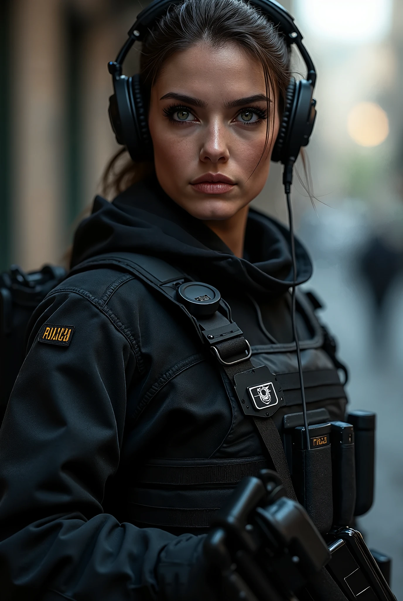 Arafed woman in a black jacket with a gun and headphones - SeaArt AI