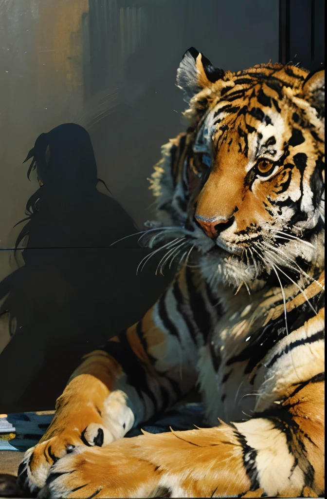 a close up of a tiger sitting on a black surface, a detailed painting by Kanō Tan'yū, trending on zbrush central, qajar art, ((tiger)), style of takato yamamoto, from kehinde wiley, kehinde wiley, a tiger, takato yamamoto aesthetic, tiger, anthropomorphic tiger