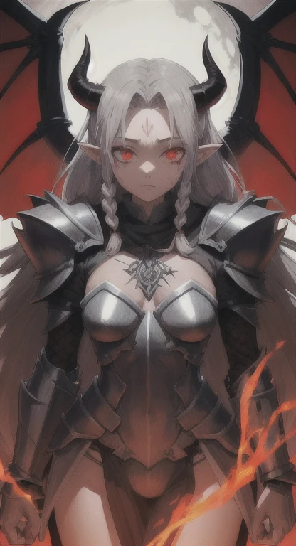 RPG Character Design: A woman, fair-skinned with freckles on her face, short wavy white hair, with two red eyes, with a black arrow-tipped tail, two pairs of white horns that appear to be chitin spikes, with a grandiose and self-centered expression, no suits and big boobs