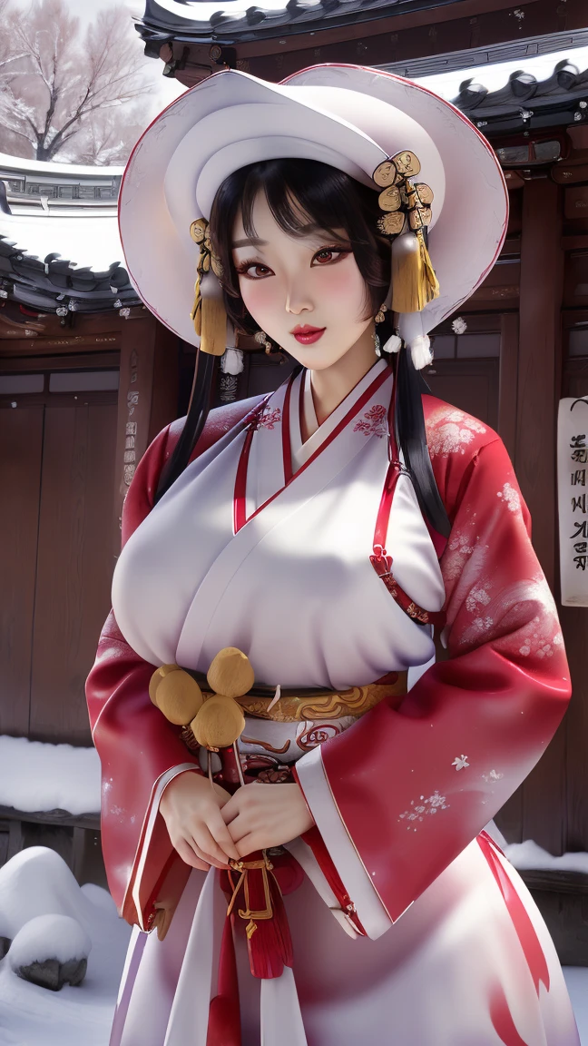 (masterpiece), (4K,  Fantastic), (high quality), UHD,  wallpapers, pretty Korean girl, glamorous, ((Glossy skin:1.2)), (very large breast:1.0), (F-cup chest:1.0), snowy, covered with snow, Korean traditional street, ((Korean traditional hanok, korean traditional costumes)), sexy, ((Hanbok)), ((Korean traditional clothing in various colors:1.6)), dynamic and sexy, Dynamic random poses