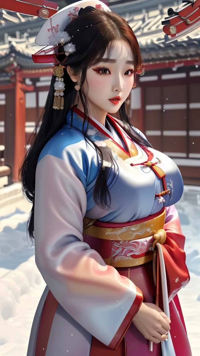 (masterpiece), (4K,  Fantastic), (high quality), UHD,  wallpapers, pretty Korean girl, glamorous, ((Glossy skin:1.2)), (very large breast:1.0), (F-cup chest:1.0), snowy, covered with snow, Korean traditional street, ((Korean traditional hanok, korean traditional costumes)), sexy, ((Hanbok)), ((Korean traditional clothing in various colors:1.6)), dynamic and sexy, Dynamic random poses