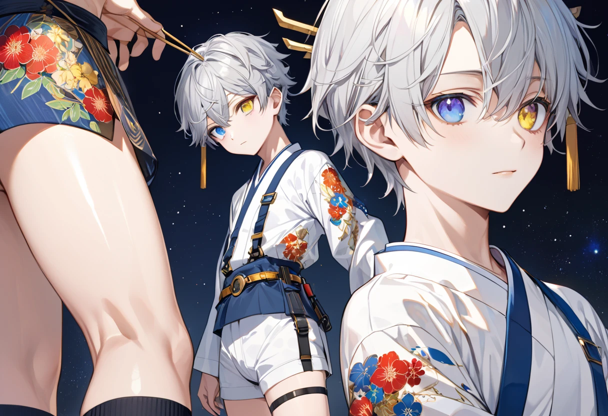  fresh illustration ,
Superfine painting,
 very delicate illustration ,
 Very fine details ,
Picture of only one boy ,
Height: 158cm,
 white skin,
The right eye is blue and the left eye is purple,
 rainbow heterochromia,
 beautiful eyes,
 large black pupils ,
 short hair with shadows,
Gray Hair,
 hair roots are bluish ,
 hair has gradation ,
 shiny hair with makeup,
 cute faces ,
Beautiful face,
There is a shiny rear wheel on the back of the head ,
 raised eyebrows ,
 upper body is wearing kimono in Japanese clothes ,
Masculine physique,
 Six Pack ,
Super small breasts,
No boobs,
 lower body Nadres ,
The color of the belt is black ,
Overall white clothes ,
 tasteful embroidery with gold thread ,
 fine fabric clothing ,
 jockstrap underwear ,
 thigh strap ,
 thigh strap は肌に食い込んでいる,
The number of fingers on a hand is five,
 thin waist,
 thin legs ,
Isometric,
Golden Ratio,
god々 like atmosphere,
 wearing blue colored padded collar innerwear ,
 outer space ,
Milky Way,
Little Star々 upper body ,
 tactical use of shadows ,
 don't let the ring of head or hair stick out from the angle of view,
 clothes don't stick out of angle of view ,
 body orientation is symmetrical ,
Clothes are symmetrical,
Picture of standing upright and steady ,
 with little pubic hair,
Knee Shot,
There is no decoration on the head,