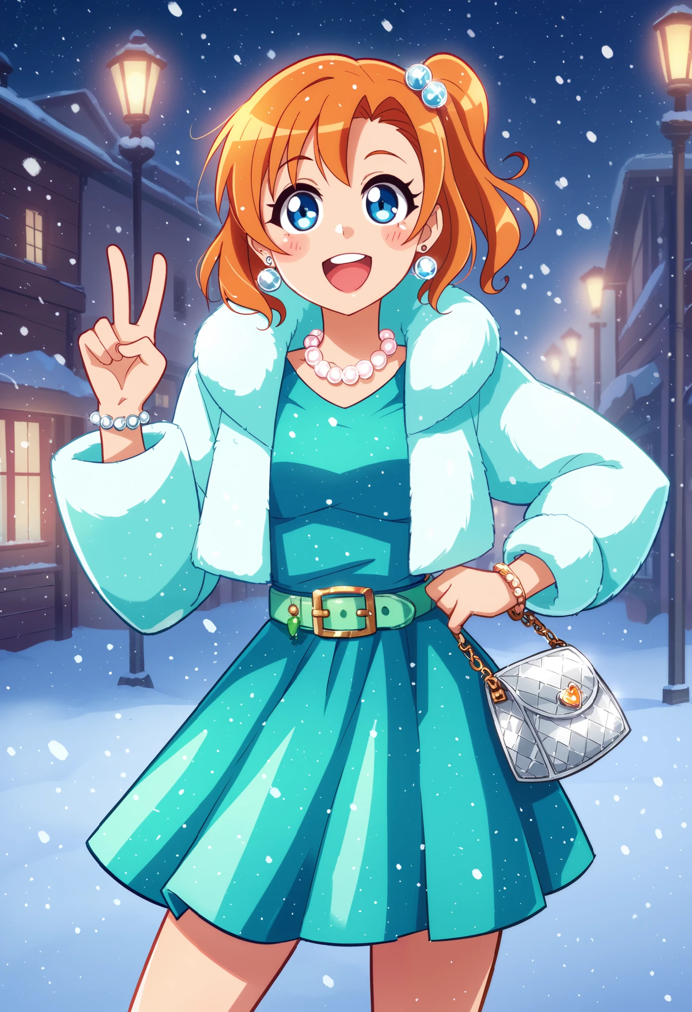 kousaka honoka , blue eyes, orange hair, winter,standing, smile, snowing,night,score_9, score_8_up, score_7_up, score_6_up,p4l0m4, webcomic,hentai,solo,Sleek satin dress in a deep emerald green, Sparkling silver belt at the waist, Dangle earrings with cascading crystal drops, Delicate pearl necklace with a teardrop-shaped sapphire pendant, Bangle bracelet with a row of round-cut emeralds, Metallic silver clutch bag with a jeweled clasp, Cropped silver faux-fur jacket,v, open mouth