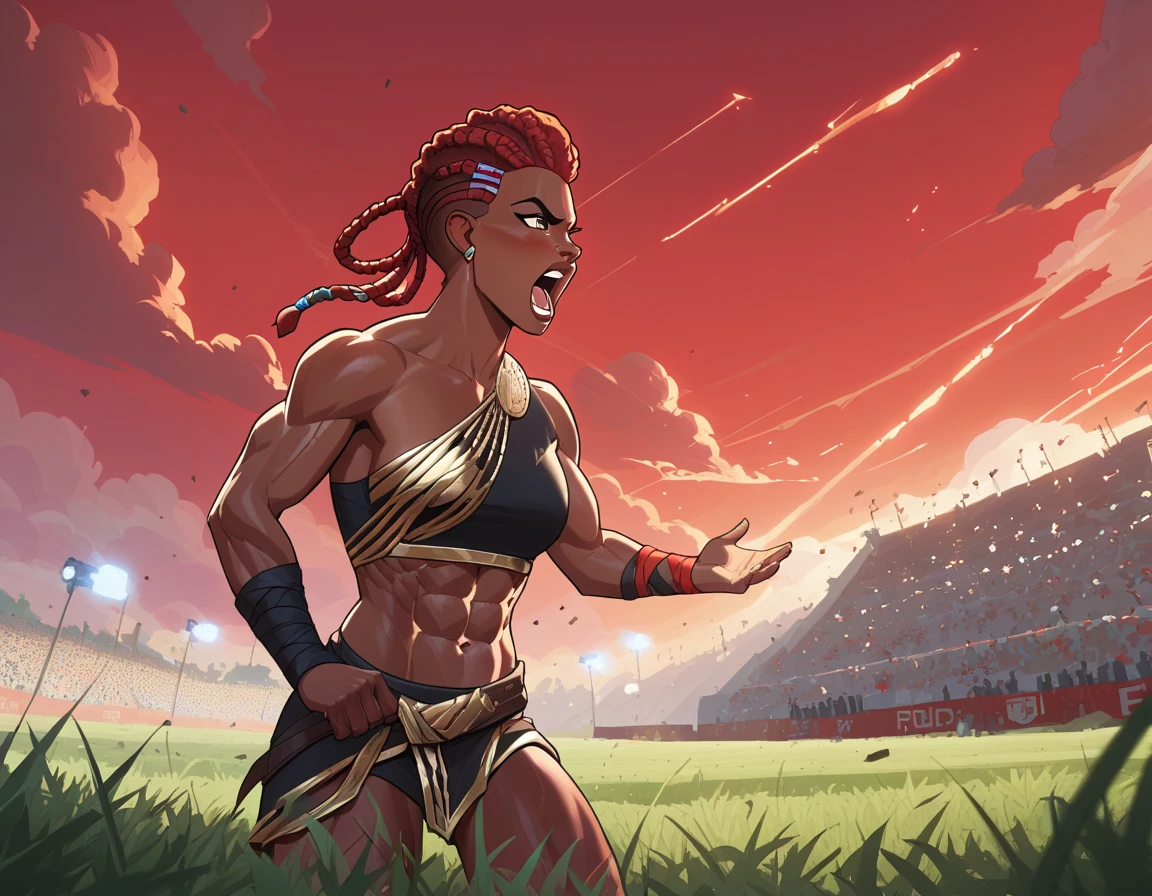 score_9, score_8_up, score_7_up, BREAK b4ttl3f13ld, outdoors, red cloudy sky, grassy plains, battle, crowd, BREAK AmbessaMedardaYoung, female focus, dark-skinned female, abs, red hair, muscular, dredlocks, brown eyes, muscular woman, wrapped hands, blood dripping from fists, angry screaming, cowboy shot angled side view,