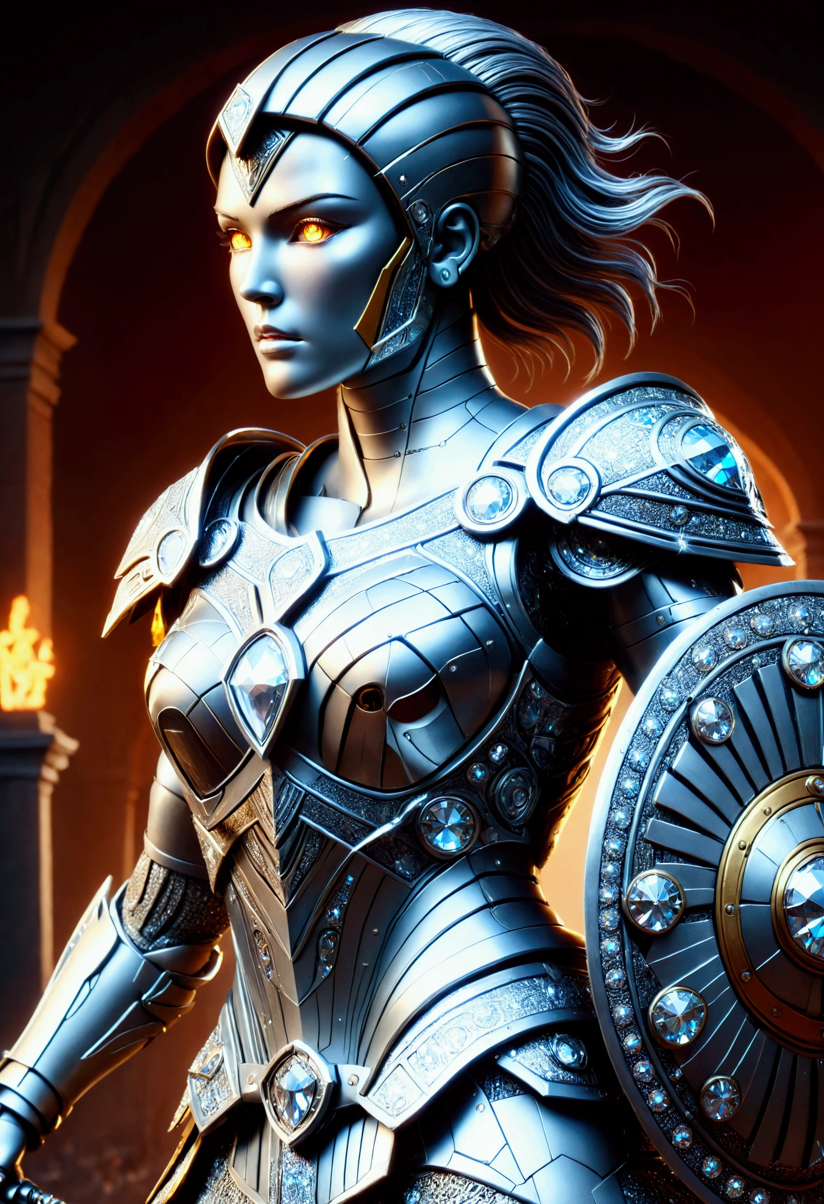 creating Robot Gladiator Woman with countless diamonds, diamondMW, all made of diamonds, sword, shield, battle, best quality, (masterpiece:1.2), high quality, Highres, (hyper detailed), photorealistic, Colosseum