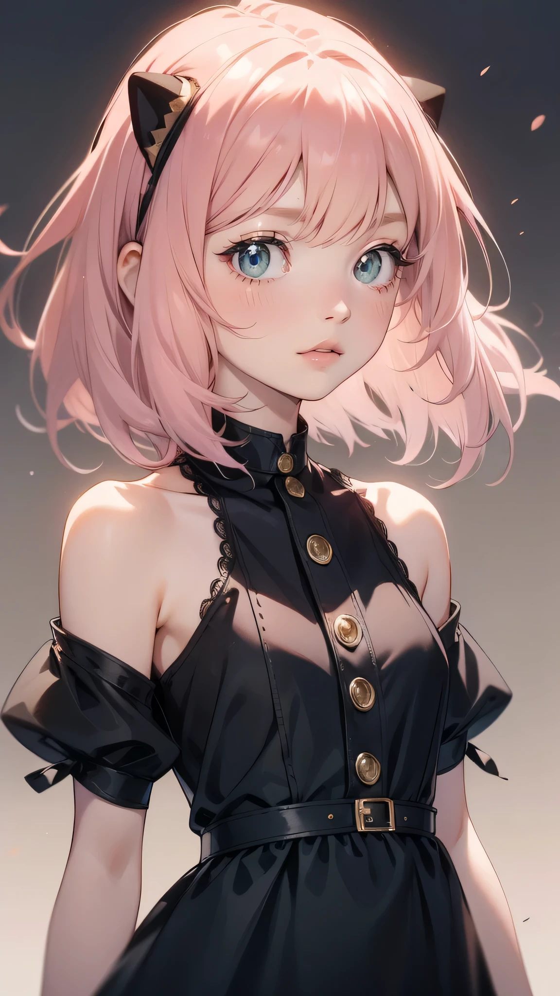 masterpiece,  Lyric, 8K, ultra detailed, detailed face, Standing, blush, bright eye, (Face Detail), Anya the counterfeiter (  gray eyes ) ( Pink hair) ( medium hair) (very low cut) (black cat headband in the hair)