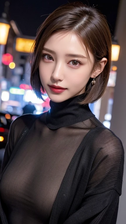 (((1 person:1.3))), mature woman,masterpiece, slim slender, realistic, adult sex appeal,,Ultra short hair, perfect body, beautiful faces,Facial beauty, Japanese women,( black turtleneck sweater, black pants), necklace, earrings for women with first name,lipstick,Makeup,( Black Long Coat ), handbag , Night Town,