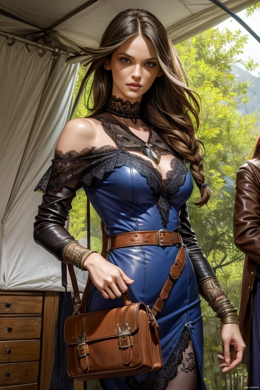 woman with curly brown hair, slightly ashy hair, pale skin color, Blue eyes, fright, in a corset and with belts, dark fantasy character design, epic exquisite character art, dark fantasy art, with the appearance of Katie McGrath, Dark Sorceress Full View, Amazing character art. flirts and dances