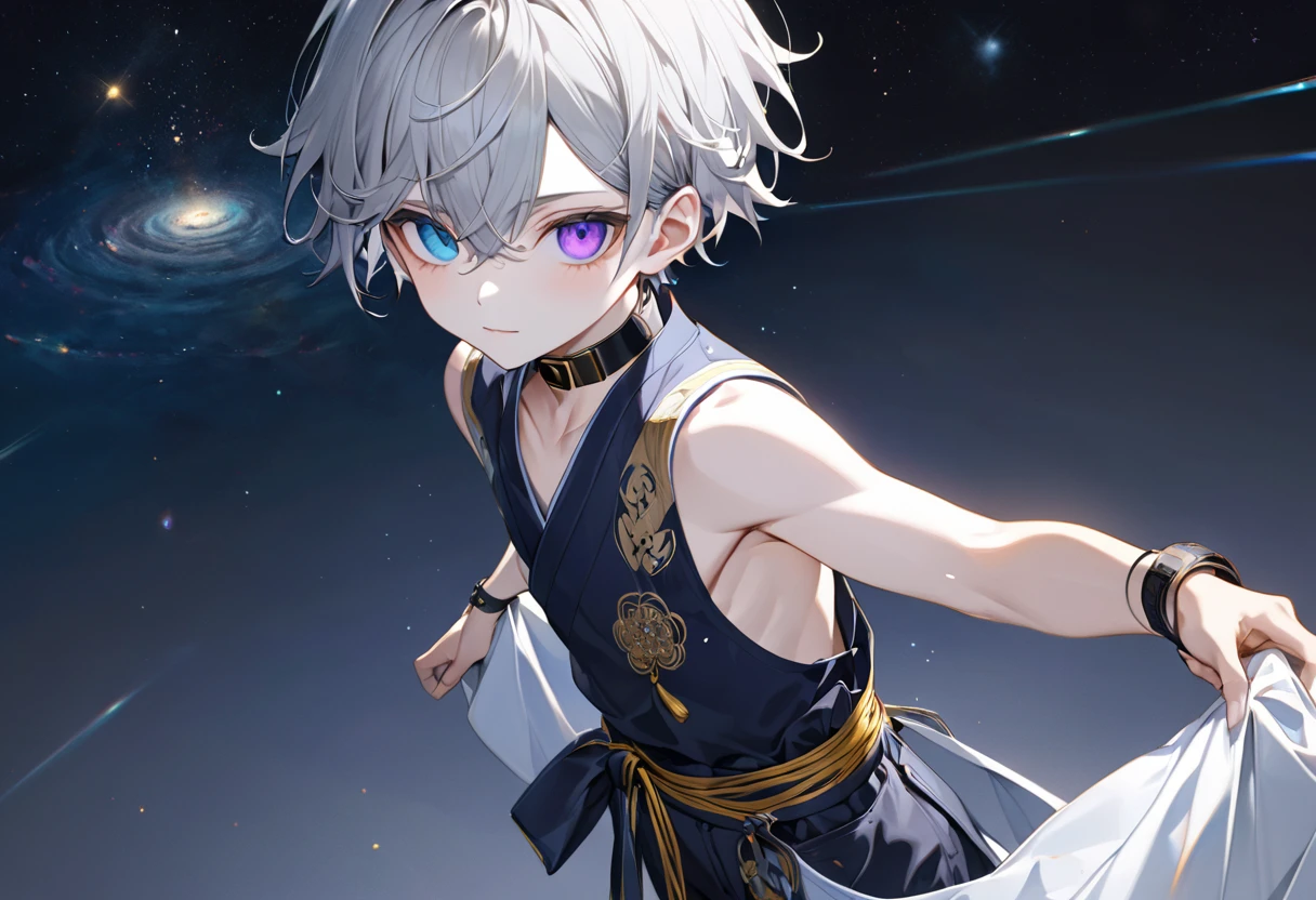  fresh illustration ,
Superfine painting,
 very delicate illustration ,
 Very fine details ,
Picture of only one boy ,
Height: 158cm,
 white skin,
The right eye is blue and the left eye is purple,
 rainbow heterochromia,
 beautiful eyes,
 large black pupils ,
 short hair with shadows,
Gray Hair,
 hair roots are bluish ,
 hair has gradation ,
 shiny hair with makeup,
 cute faces ,
Beautiful face,
There is a shiny rear wheel on the back of the head ,
 raised eyebrows ,
 upper body is wearing kimono in Japanese clothes ,
Masculine physique,
 Six Pack ,
Super small breasts,
No boobs,
 lower body Nadres ,
The color of the belt is black ,
Overall white clothes ,
 tasteful embroidery with gold thread ,
 fine fabric clothing ,
 jockstrap underwear ,
 thigh strap ,
 thigh strap は肌に食い込んでいる,
The number of fingers on a hand is five,
 thin waist,
 thin legs ,
Isometric,
Golden Ratio,
god々 like atmosphere,
 wearing blue colored padded collar innerwear ,
 outer space ,
Milky Way,
Little Star々 upper body ,
 tactical use of shadows ,
 don't let the ring of head or hair stick out from the angle of view,
 clothes don't stick out of angle of view ,
 body orientation is symmetrical ,
Clothes are symmetrical,
Picture of standing upright and steady ,
 with little pubic hair,
Knee Shot,
There is no decoration on the head,