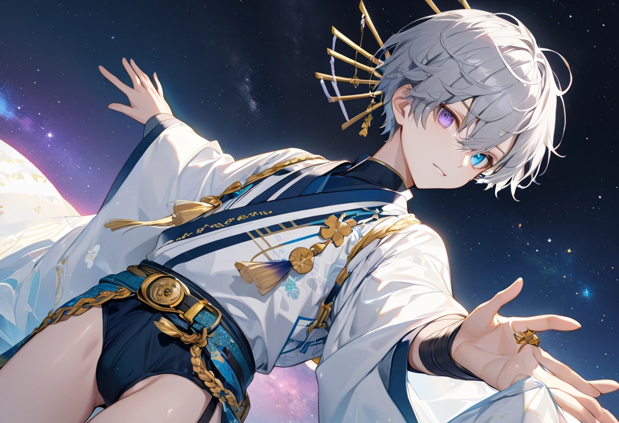  fresh illustration ,
Superfine painting,
 very delicate illustration ,
 Very fine details ,
Picture of only one boy ,
Height: 158cm,
 white skin,
The right eye is blue and the left eye is purple,
 rainbow heterochromia,
 beautiful eyes,
 large black pupils ,
 short hair with shadows,
Gray Hair,
 hair roots are bluish ,
 hair has gradation ,
 shiny hair with makeup,
 cute faces ,
Beautiful face,
There is a shiny rear wheel on the back of the head ,
 raised eyebrows ,
 upper body is wearing kimono in Japanese clothes ,
Masculine physique,
 Six Pack ,
Super small breasts,
No boobs,
 lower body Nadres ,
The color of the belt is black ,
Overall white clothes ,
 tasteful embroidery with gold thread ,
 fine fabric clothing ,
 jockstrap underwear ,
 thigh strap ,
 thigh strap は肌に食い込んでいる,
The number of fingers on a hand is five,
 thin waist,
 thin legs ,
Isometric,
Golden Ratio,
god々 like atmosphere,
 wearing blue colored padded collar innerwear ,
 outer space ,
Milky Way,
Little Star々 upper body ,
 tactical use of shadows ,
 don't let the ring of head or hair stick out from the angle of view,
 clothes don't stick out of angle of view ,
 body orientation is symmetrical ,
Clothes are symmetrical,
Picture of standing upright and steady ,
 with little pubic hair,
Knee Shot,
There is no decoration on the head,