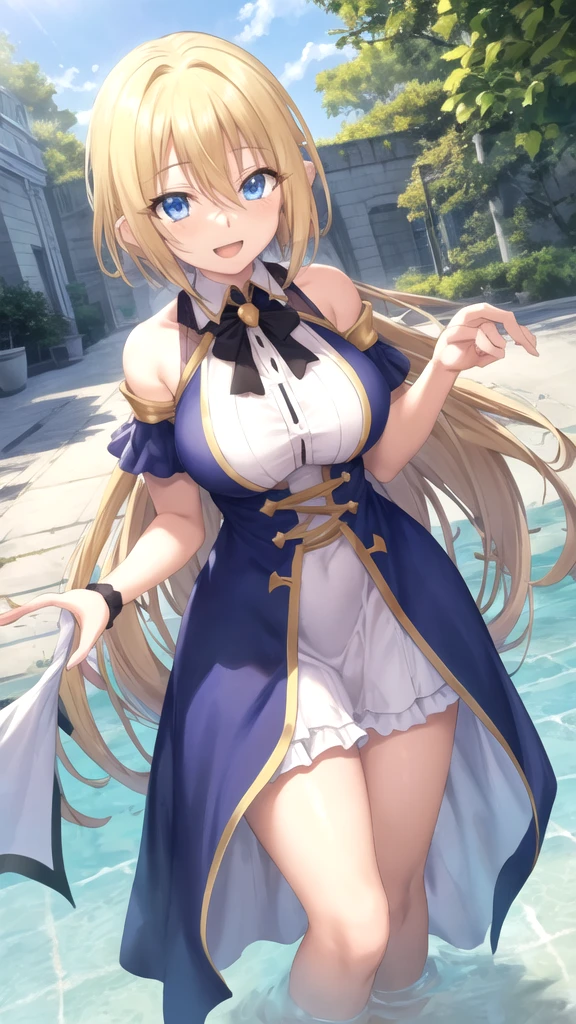 masterpiece, best quality, high quality, girl, solo, looking at viewer, yuuto_kiba, blonde hair, blue eyes, hair between eyes, large breasts, princess connect re dive cosplay, princess Dress, standing, smile, open mouth, outdoors 