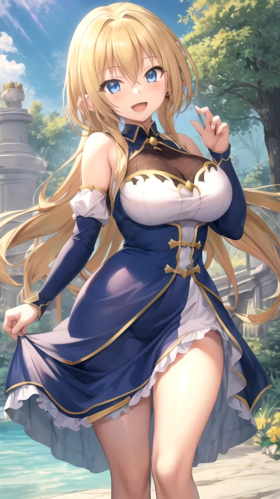 masterpiece, best quality, high quality, girl, solo, looking at viewer, yuuto_kiba, blonde hair, blue eyes, hair between eyes, large breasts, princess connect re dive cosplay, princess Dress, standing, smile, open mouth, outdoors 