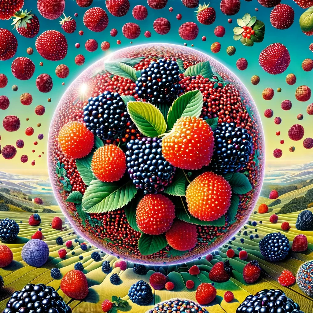 emerland ball decorated with patterns , from which berries comes out!!!!a ball on the background of a space !!!double exposure effect, Inspired by Hedi Xandt, , James Christensen , , surreal art , bright colors , high detail ,filigree style, modern European ink painting, high quality, high detail, masterpiece ,