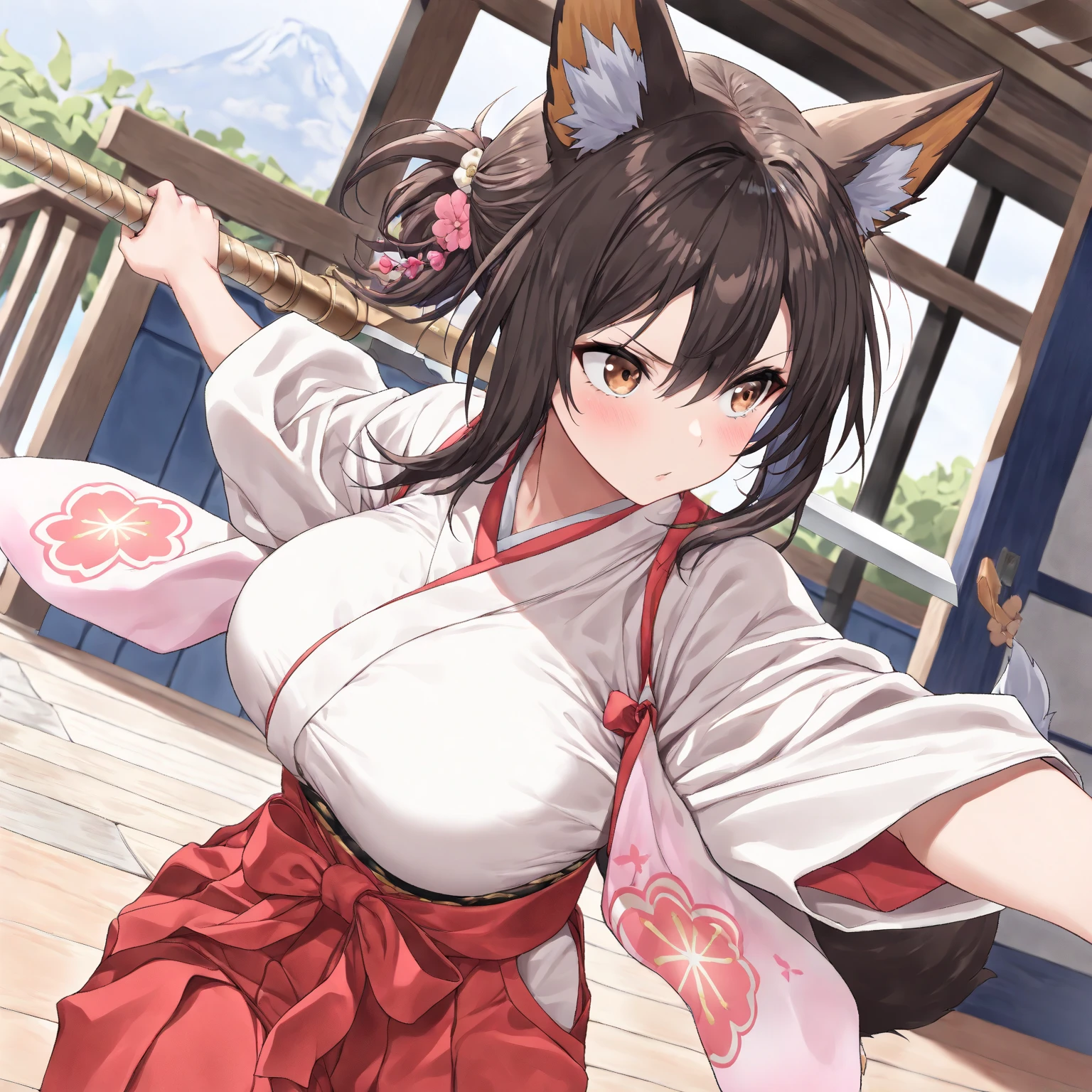 A girl wearing a shrine maiden outfit with cat ears,Half-naked so that her nipples are visible,Carrying a sword