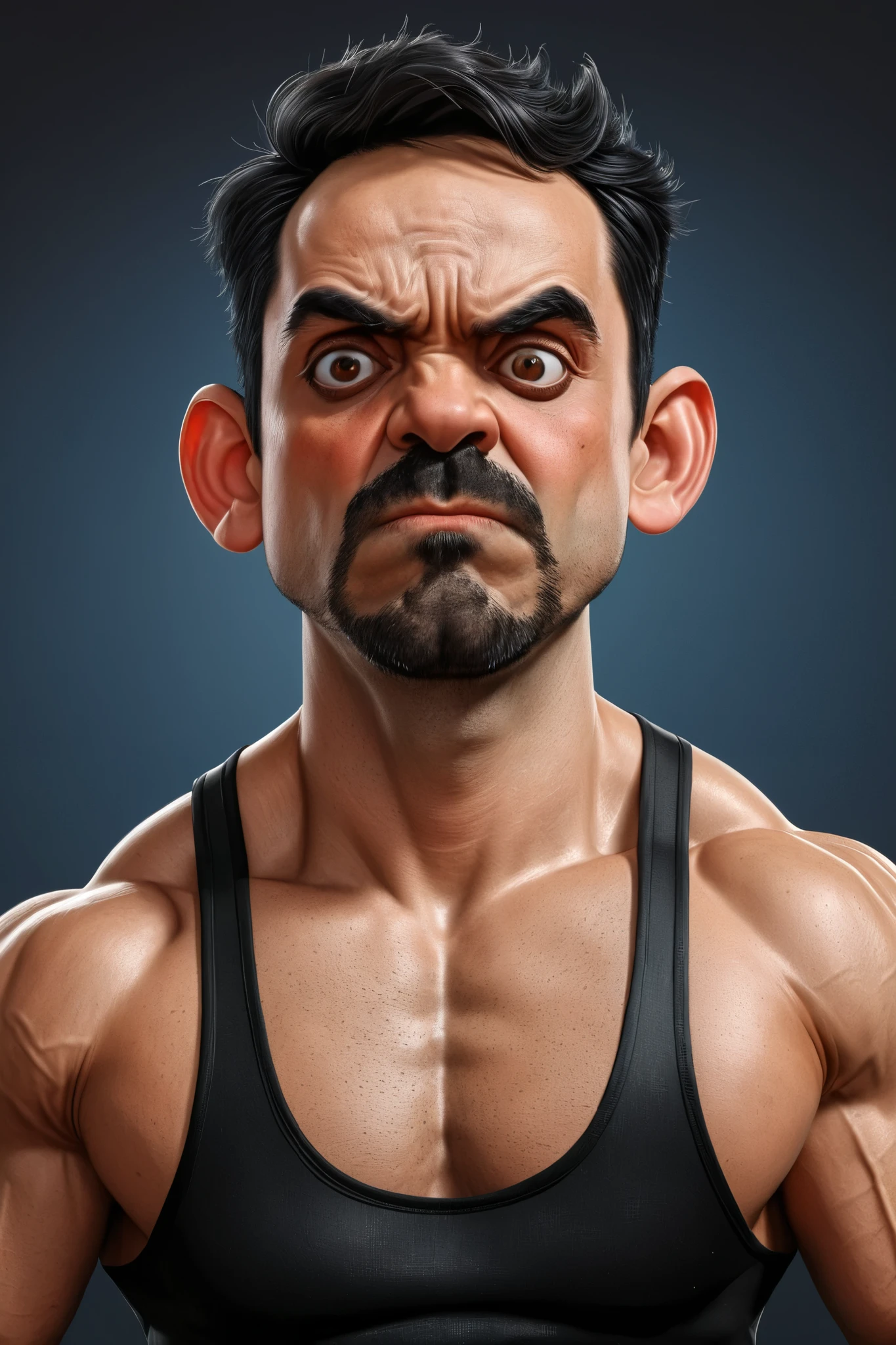  Full-body Caricature of a strong man, on gym holding halteres, black hair, exaggerated features with a large nose and big eyes, face will look right into the camera, W7ruff4 face, detailed face, intricate, realistic, realistic skin texture, 4K.