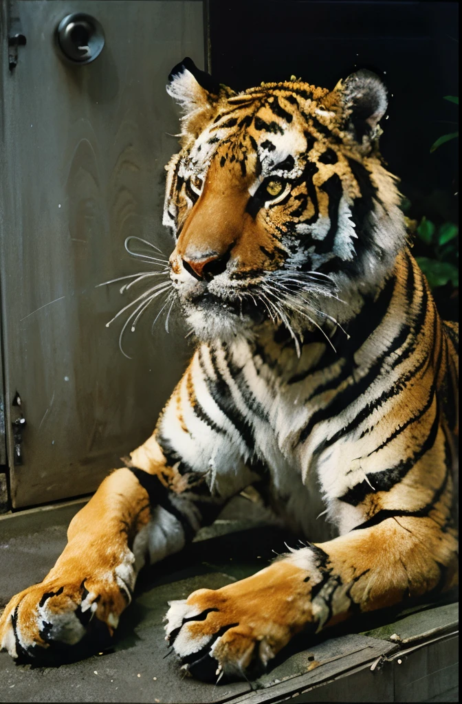 a close up of a tiger sitting on a black surface, a detailed painting by Kanō Tan'yū, trending on zbrush central, qajar art, ((tiger)), style of takato yamamoto, from kehinde wiley, kehinde wiley, a tiger, takato yamamoto aesthetic, tiger, anthropomorphic tiger