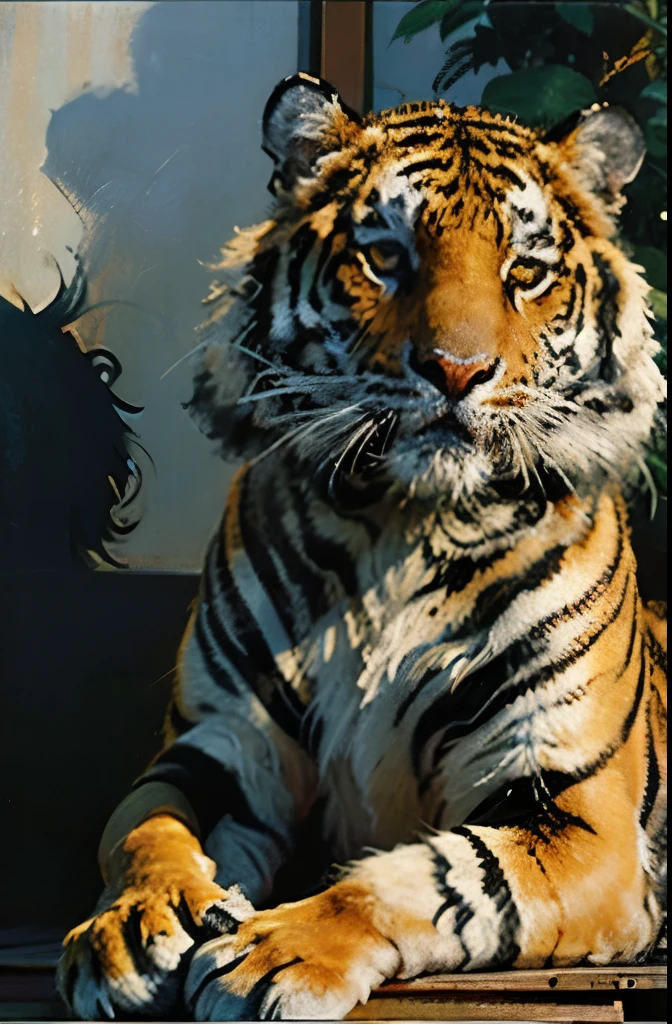 a close up of a tiger sitting on a black surface, a detailed painting by Kanō Tan'yū, trending on zbrush central, qajar art, ((tiger)), style of takato yamamoto, from kehinde wiley, kehinde wiley, a tiger, takato yamamoto aesthetic, tiger, anthropomorphic tiger