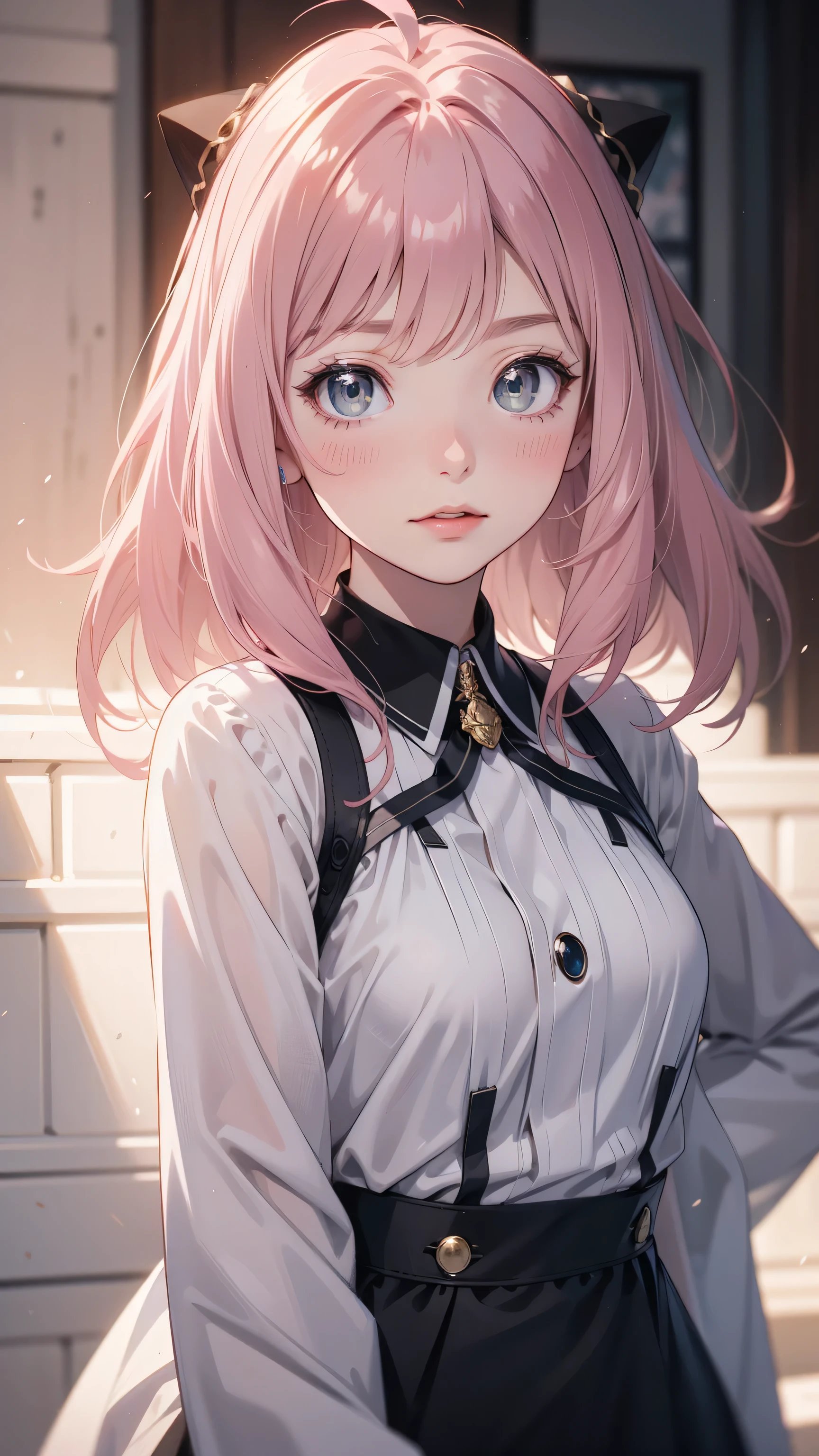 masterpiece, lyrics, 8K, ultra detailed, detailed face, small breast, Standing, blush, Gray eye, (detail of the face), anya forger ( gray eyes ) (pink hair) ( medium hair) (very low cut)