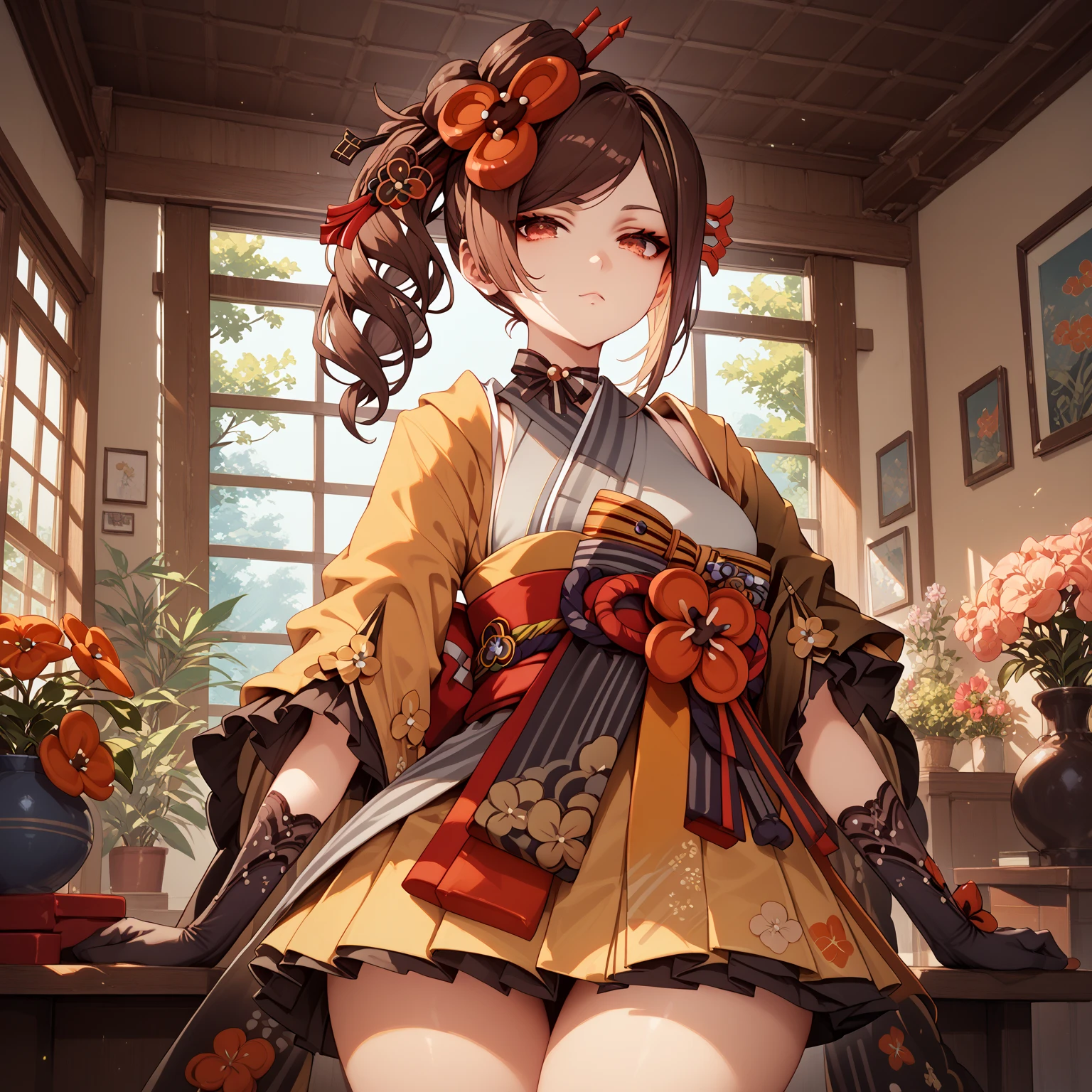 chiori, brown hair, hair ornament, red eyes, flower, hair flower, gloves, japanese clothes, sash, obi, stand, Confident pose, Room, Displeased face, Beautiful view, good atmosphere, Thigh