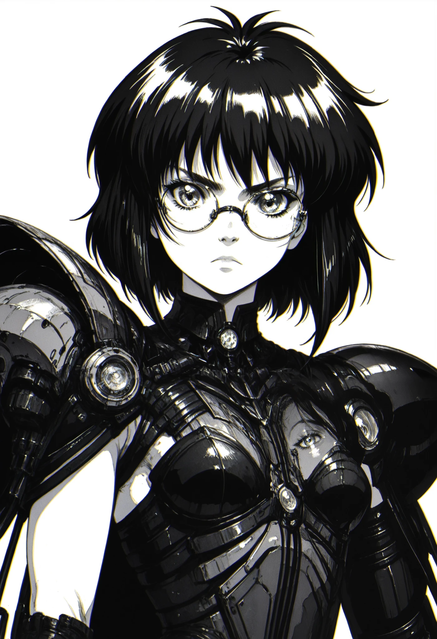 Masterpiece, front view, solo, beautiful ,Rin Hoshizora black Hair,bangs ,round glasses , choker ,dark clothing ,serious expression ,monochrome , manga style ,detailed expressive eyes ,shading ,detailed hair,dark ,gothic, edgy ,detailed lineart ,high contrast ,black and white ,manga panel,slightly tilted head ,close-up,bust-up, shoulder-length hair, white background,gh0st, retro artstyle