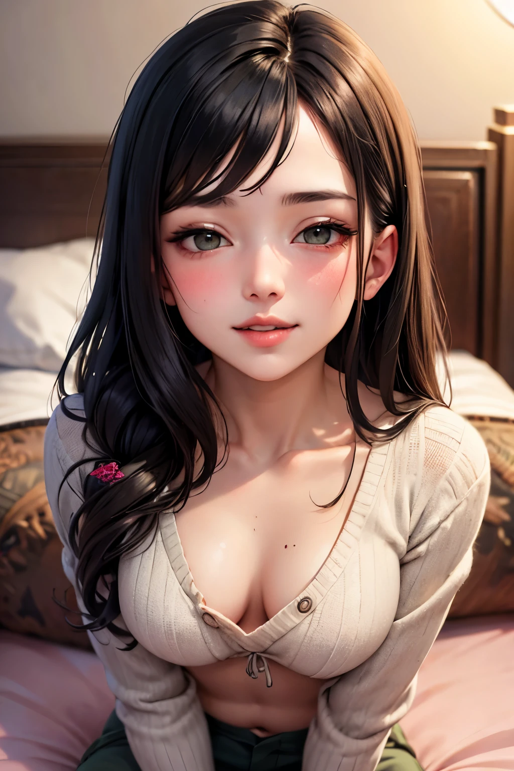 Amazing portrait of a sexy and cute woman who is in love with her black hair braided with very seductive and soft eyes and she's blushing hard and her pink lips are parted in a seductive smile with a long neck and a collarbone having a medium chest with cleavage emphasised by her off shoulder t shirt showcasing her bare shoulders