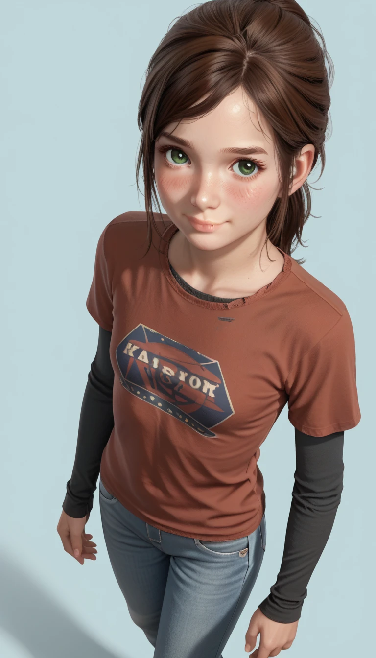 score_9, score_8_above, score_7_above, score_6_above, score_5_above, score_4_above, 1 ,  Alone,  small breasts , skinny,  green eyes,  brown hair, ponytail, lips, shirt, t-shirt,  layered sleeves ,  short sleeve over long sleeve pants, jeans, standing, to smile, Blush, aboveper body, from the side,  looking at the viewer,
( light blue background),  simple background ,