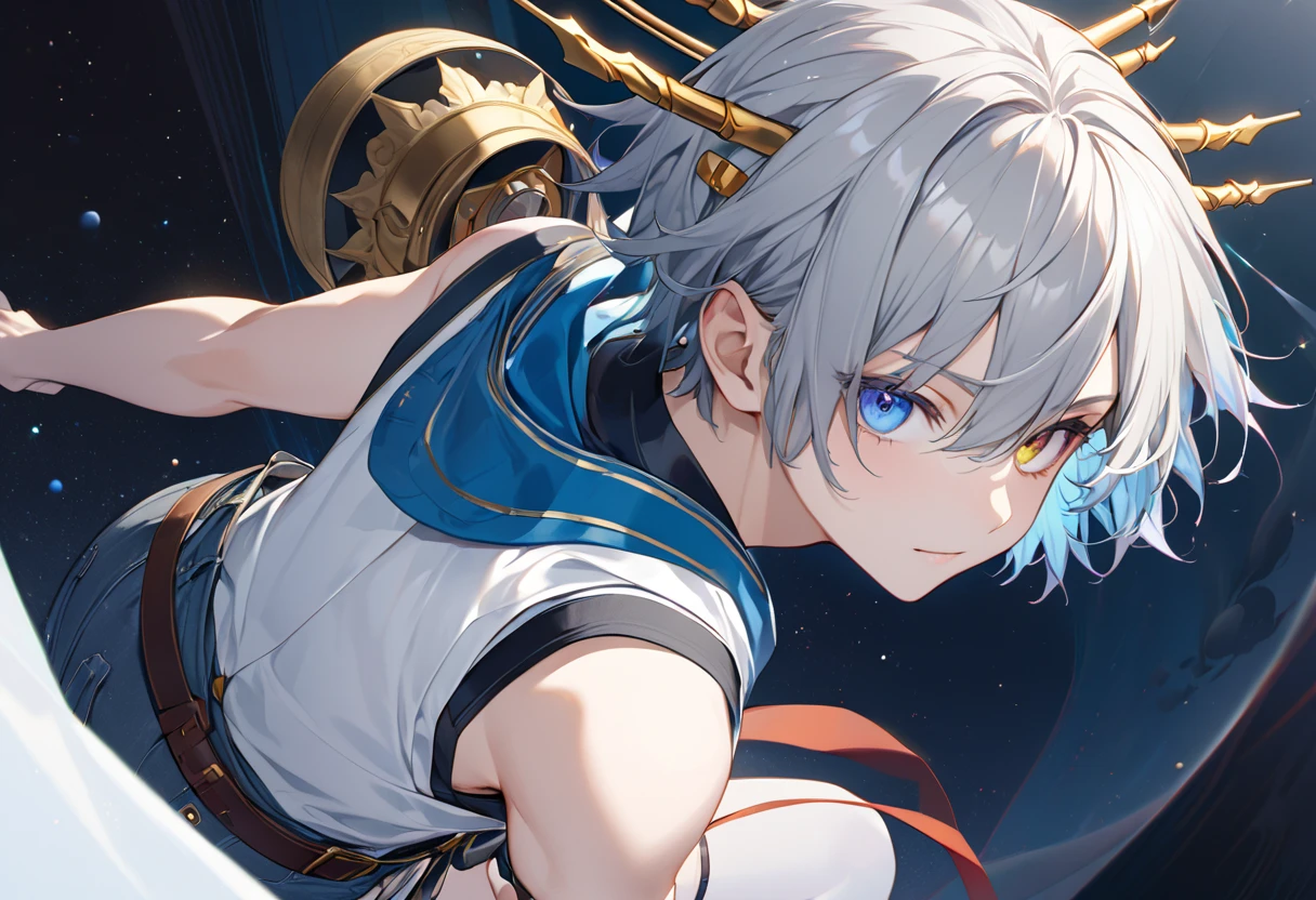  fresh illustration ,
Superfine painting,
 very delicate illustration ,
 Very fine details ,
Picture of only one boy ,
Height: 158cm,
 white skin,
The right eye is blue and the left eye is purple,
 rainbow heterochromia,
 beautiful eyes,
 large black pupils ,
 short hair with shadows,
Gray Hair,
 hair roots are bluish ,
 hair has gradation ,
 shiny hair with makeup,
 cute faces ,
Beautiful face,
There is a shiny rear wheel on the back of the head ,
 raised eyebrows ,
 upper body is wearing kimono in Japanese clothes ,
Masculine physique,
 Six Pack ,
Super small breasts,
No boobs,
 lower body Nadres ,
The color of the belt is black ,
Overall white clothes ,
 tasteful embroidery with gold thread ,
 fine fabric clothing ,
 jockstrap underwear ,
 thigh strap ,
 thigh strap は肌に食い込んでいる,
The number of fingers on a hand is five,
 thin waist,
 thin legs ,
Isometric,
Golden Ratio,
god々 like atmosphere,
 wearing blue colored padded collar innerwear ,
 outer space ,
Milky Way,
Little Star々 upper body ,
 tactical use of shadows ,
 don't let the ring of head or hair stick out from the angle of view,
 clothes don't stick out of angle of view ,
 body orientation is symmetrical ,
Clothes are symmetrical,
Picture of standing upright and steady ,
 with little pubic hair,
Knee Shot,
There is no decoration on the head,