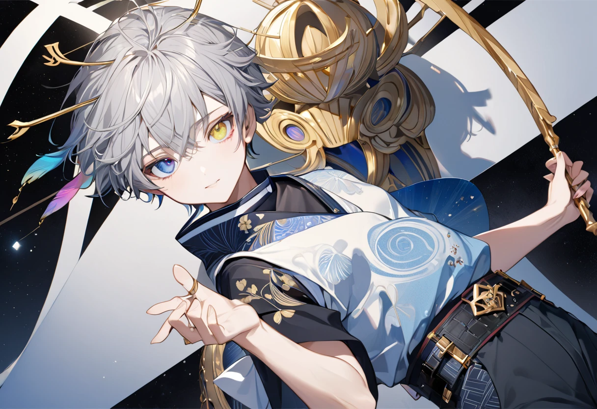  fresh illustration ,
Superfine painting,
 very delicate illustration ,
 Very fine details ,
Picture of only one boy ,
Height: 158cm,
 white skin,
The right eye is blue and the left eye is purple,
 rainbow heterochromia,
 beautiful eyes,
 large black pupils ,
 short hair with shadows,
Gray Hair,
 hair roots are bluish ,
 hair has gradation ,
 shiny hair with makeup,
 cute faces ,
Beautiful face,
There is a shiny rear wheel on the back of the head ,
 raised eyebrows ,
 upper body is wearing kimono in Japanese clothes ,
Masculine physique,
 Six Pack ,
Super small breasts,
No boobs,
 lower body Nadres ,
The color of the belt is black ,
Overall white clothes ,
 tasteful embroidery with gold thread ,
 fine fabric clothing ,
 jockstrap underwear ,
 thigh strap ,
 thigh strap は肌に食い込んでいる,
The number of fingers on a hand is five,
 thin waist,
 thin legs ,
Isometric,
Golden Ratio,
god々 like atmosphere,
 wearing blue colored padded collar innerwear ,
 outer space ,
Milky Way,
Little Star々 upper body ,
 tactical use of shadows ,
 don't let the ring of head or hair stick out from the angle of view,
 clothes don't stick out of angle of view ,
 body orientation is symmetrical ,
Clothes are symmetrical,
Picture of standing upright and steady ,
 with little pubic hair,
Knee Shot,
There is no decoration on the head,