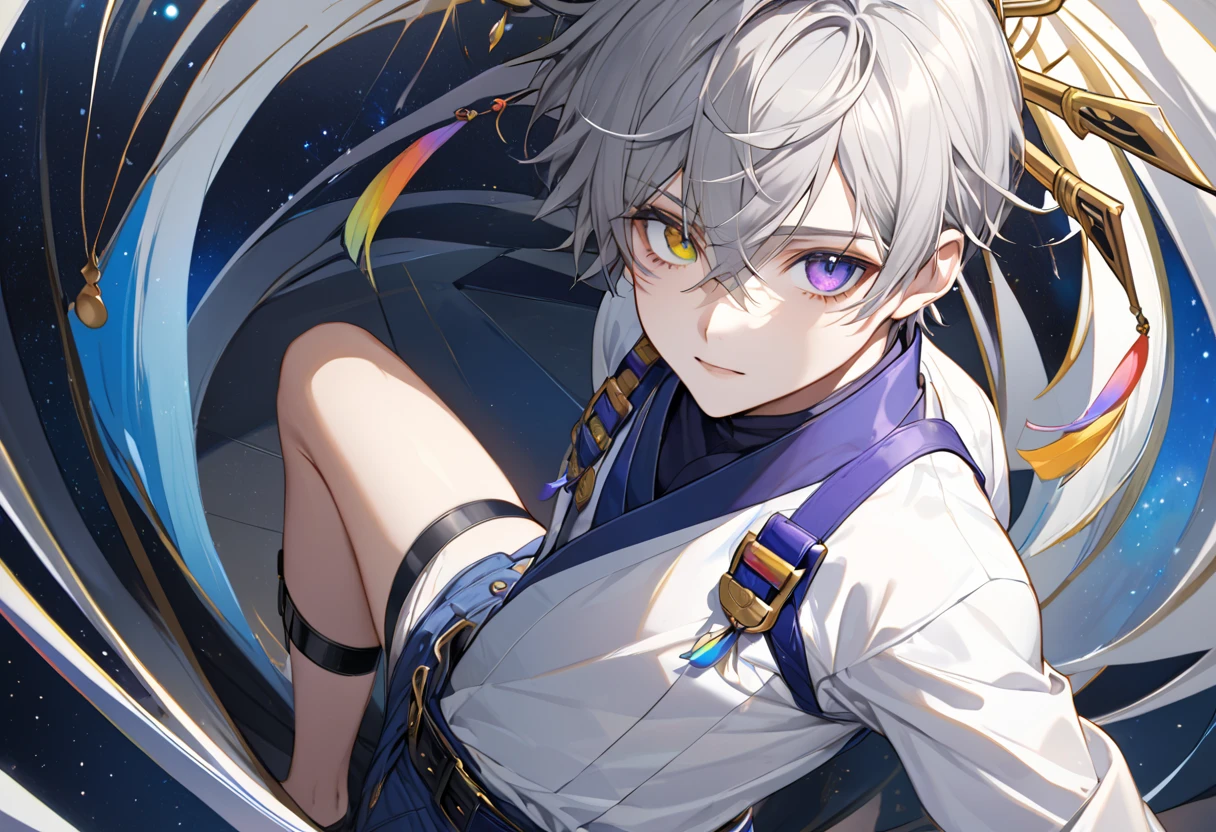  fresh illustration ,
Superfine painting,
 very delicate illustration ,
 Very fine details ,
Picture of only one boy ,
Height: 158cm,
 white skin,
The right eye is blue and the left eye is purple,
 rainbow heterochromia,
 beautiful eyes,
 large black pupils ,
 short hair with shadows,
Gray Hair,
 hair roots are bluish ,
 hair has gradation ,
 shiny hair with makeup,
 cute faces ,
Beautiful face,
There is a shiny rear wheel on the back of the head ,
 raised eyebrows ,
 upper body is wearing kimono in Japanese clothes ,
Masculine physique,
 Six Pack ,
Super small breasts,
No boobs,
 lower body Nadres ,
The color of the belt is black ,
Overall white clothes ,
 tasteful embroidery with gold thread ,
 fine fabric clothing ,
 jockstrap underwear ,
 thigh strap ,
 thigh strap は肌に食い込んでいる,
The number of fingers on a hand is five,
 thin waist,
 thin legs ,
Isometric,
Golden Ratio,
god々 like atmosphere,
 wearing blue colored padded collar innerwear ,
 outer space ,
Milky Way,
Little Star々 upper body ,
 tactical use of shadows ,
 don't let the ring of head or hair stick out from the angle of view,
 clothes don't stick out of angle of view ,
 body orientation is symmetrical ,
Clothes are symmetrical,
Picture of standing upright and steady ,
 with little pubic hair,
Knee Shot,
There is no decoration on the head,