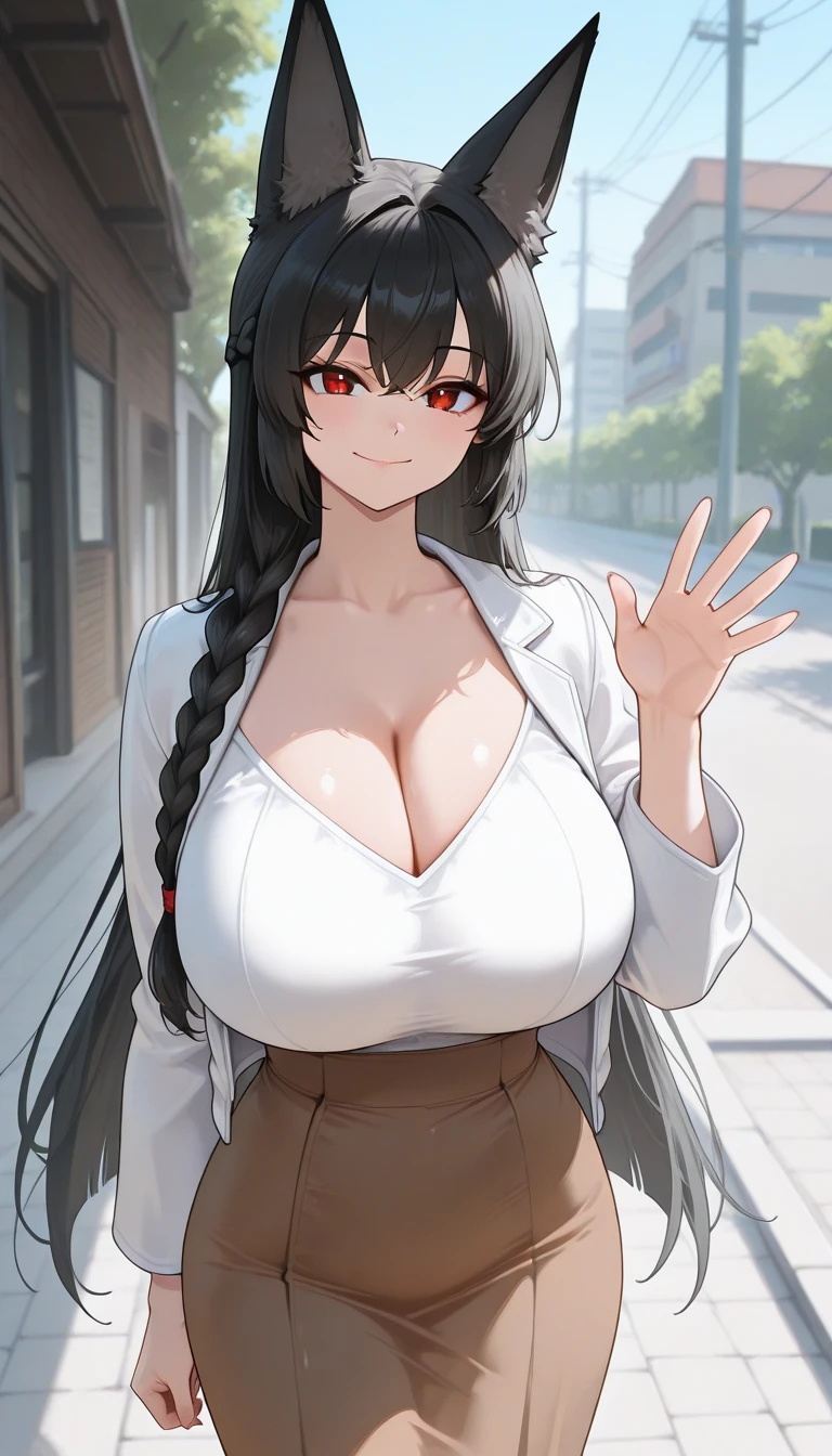 masterpiece,best quality,amazing quality,sharp details, vivid color miyabizzz,black hair, 1girl, braid, breasts, brown skirt, casual, cleavage, closed mouth, hand up, huge breasts, jacket, long hair, long sleeves, looking at viewer, official alternate costume, outdoors, skirt, smile, solo, very long hair, waving, white hair, white jacket