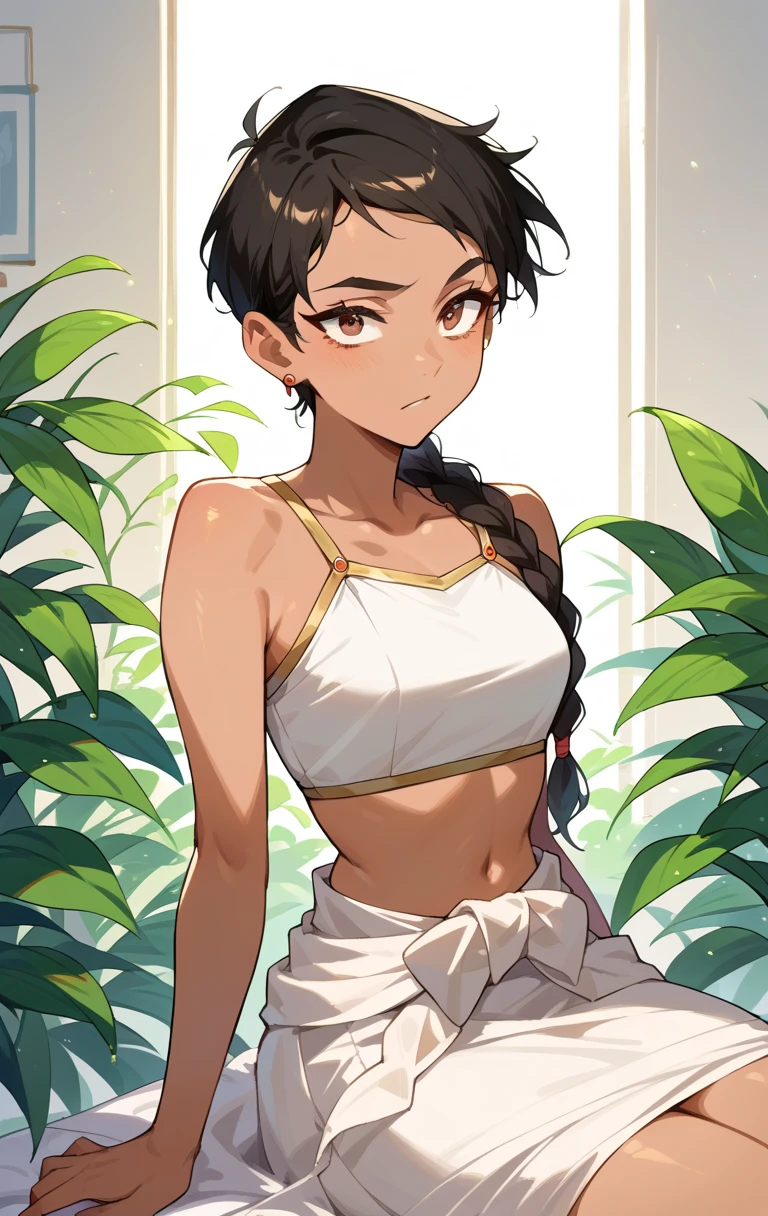 score_9,score_8_up,score_7_up BREAK LoisSDXL,1girl,braided hair,black hair,brown eyes,jewelry,earrings,bindi,dark skin,dark-skinned female,crop top,white sari,tomboy, ,room background,cowboy shot,sitting,