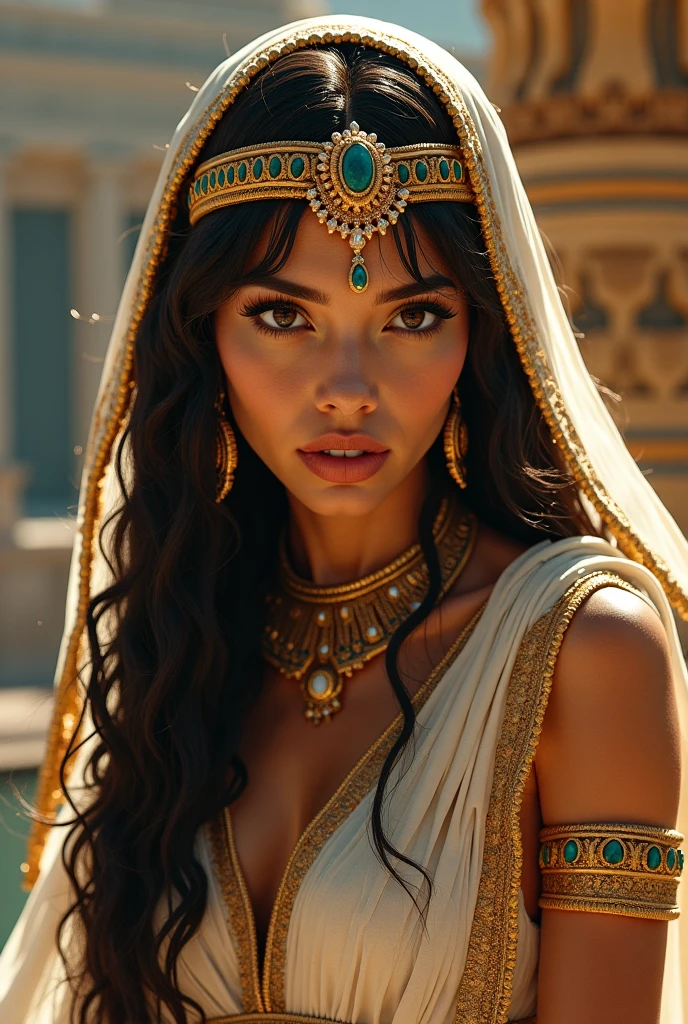 a beautiful woman in an elegant gold suit and elaborate headdress, posing for a portrait, highly detailed, photorealistic, egyptian princess, white emma watson as egyptian goddess cleopatra, wearing an ornate egyptian crown, beautiful goddess, detailed egyptian makeup, egyptian clothing and style, cleopatra, ancient egyptian princess libu, egypt setting, android girl in egyptian ruins, accurate to egyptian tradition, 8k, high resolution, hyper detailed, masterpiece, cinematic lighting, dramatic colors