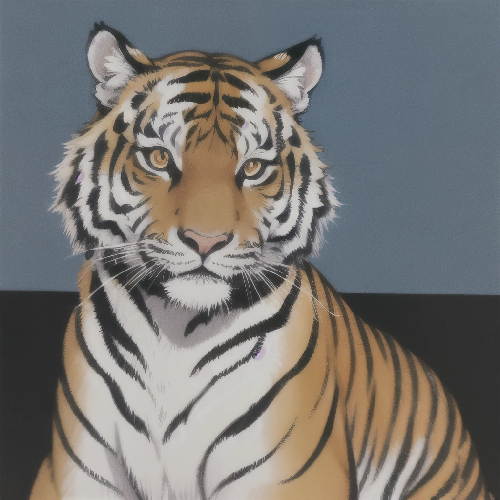 a close up of a tiger sitting on a black surface, a detailed painting by Kanō Tan'yū, trending on zbrush central, qajar art, ((tiger)), style of takato yamamoto, from kehinde wiley, kehinde wiley, a tiger, takato yamamoto aesthetic, tiger, anthropomorphic tiger