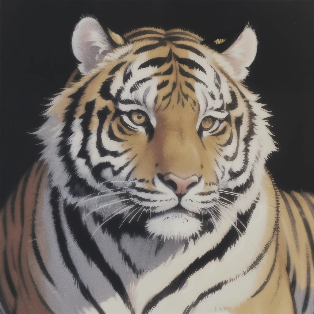 a close up of a tiger sitting on a black surface, a detailed painting by Kanō Tan'yū, trending on zbrush central, qajar art, ((tiger)), style of takato yamamoto, from kehinde wiley, kehinde wiley, a tiger, takato yamamoto aesthetic, tiger, anthropomorphic tiger