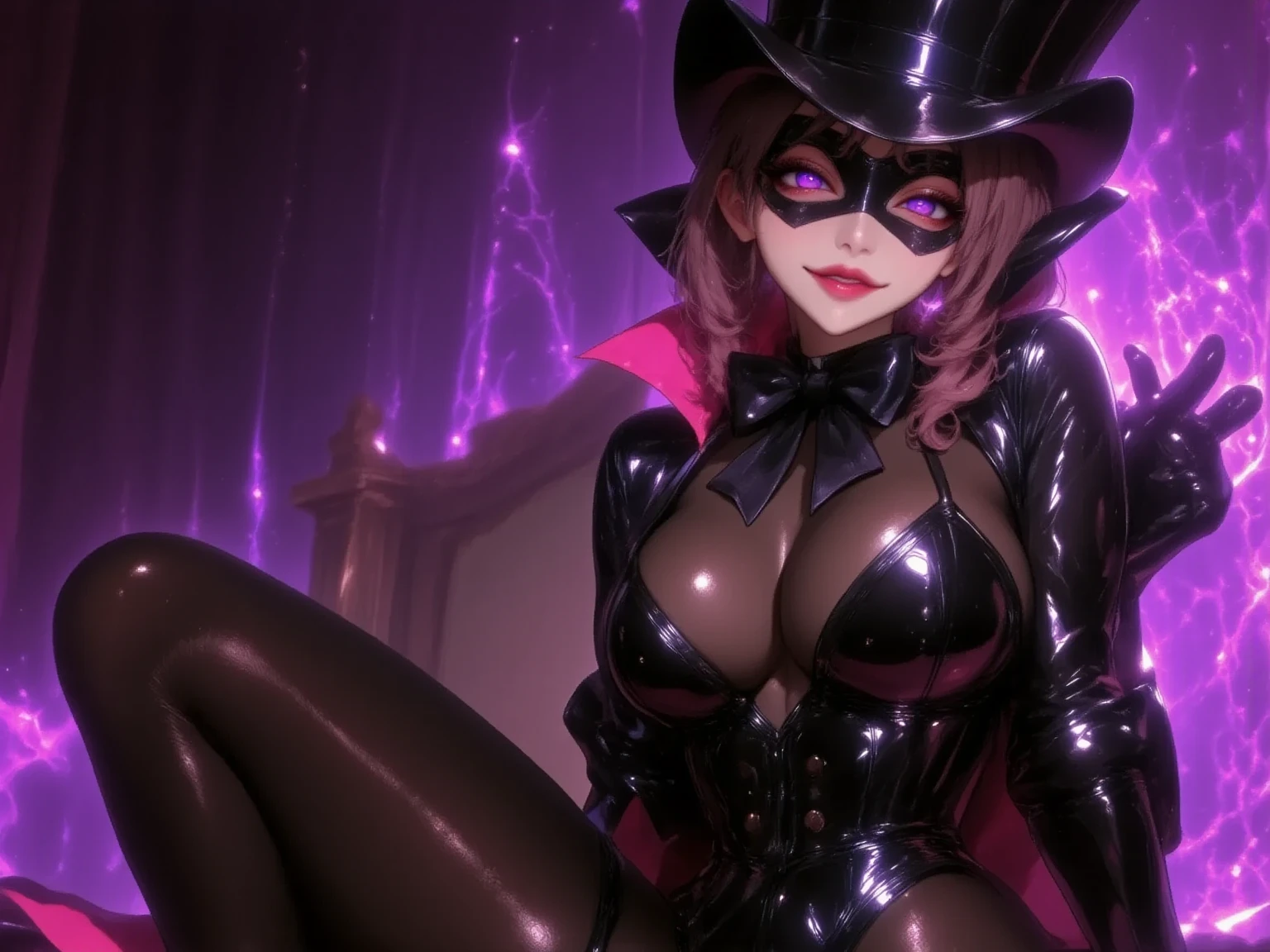 One young and beautiful woman:1.3,(masterpiece:1.3, top quality :1.3, very detailed depiction:1.3, Incredible High Definition :1.3,High quality anime drawings),(Bewitching Female Phantom Thief :1.3),(Sexy Female Phantom Thief Outfit, tuxedo,Gentleman&#39;s hat, covers her eyes with a black venetian mask:1.3,latex, bodystocking , luxury accessories , black tights, boots),(Glowing purple eyes, half-closed eye :1.3, Crazy Eyes , normal breasts, bewitching smile,Glossy lipstick, flashy makeup,Seductive gestures,Beautiful legs, healthy legs,Curvaceous Body,High quality skin), cowboy shot,Sleeping on the side on the bed, side view :2.0, looking at me:2.0