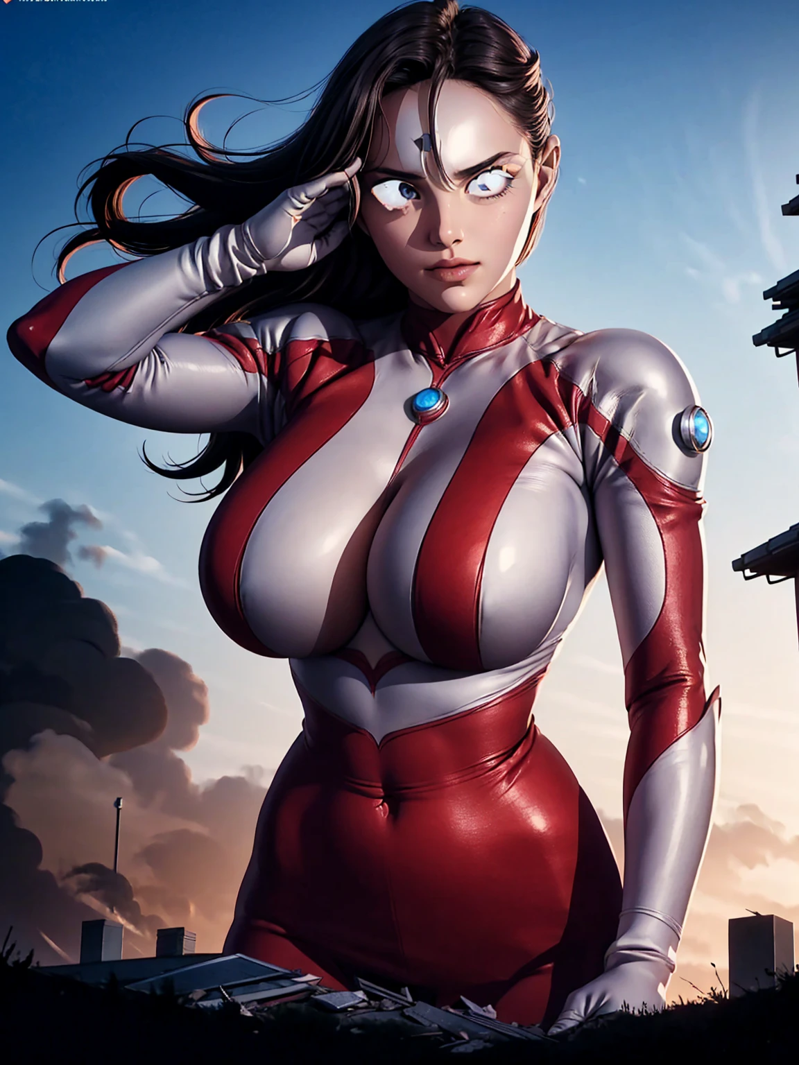 An ultra-detailed 8k manga illustration of an alluring Giantess girl. Her figure is accentuated by the sleek, flawless, porcelain-like skin, ((150 feet height)). She dressed in Ultragirl suit, half-removed that revealing her shoulders, Her breasts, nipple, could be seen through lifted her dress up. The suit clings to her curves, its vibrant silver and red design catching the light in intricate detail. Her bare chest is subtly visible beneath the lifted fabric. Her eyes are heavy-lidded, brimming with intensity and purpose, Her lips may part slightly, moist and inviting, soft smile plays across her face. Her pose is relaxed yet intentional, capturing the intimate moment as she begins to shed her heroic armor, blending the iconic Ultraman aesthetic with an irresistible, human sensuality. cinematic, dramatic lighting, volumetric fog, cinematic camera angle, intricate details, sparks and debris, city skyline in background, (best quality,4k,8k,highres,masterpiece:1.2),ultra-detailed,(realistic,photorealistic,photo-realistic:1.37)