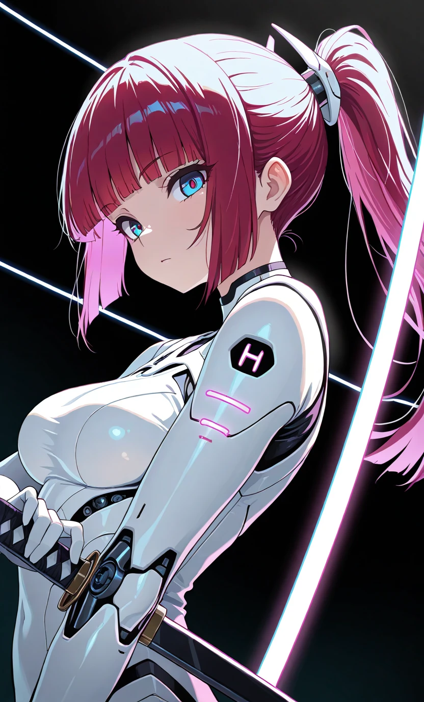 masterpiece, best quality, amazing quality, character focus, minimalist, side angle, upper body, hime cut, long ponytail,cybernetic,holding katana,posing,dynamic angle, face focus, looking at viewer, backlight, one side light,circulars background, blue neon light, black background