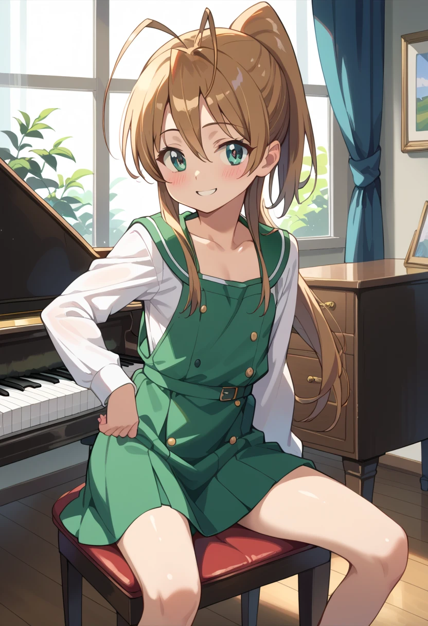 (( top quality )), ((masterpiece)), (be familiar with), perfect face, indoor, bedroom,  watching viewers,
One woman, Miyamoto Rei,
開いた口,  ecstatic expression beside the piano, blush, smile,
 small ,  flat chest, Young girl, Lori,  ****,  girl,
 long hair,  ponytail,
Leg spread,