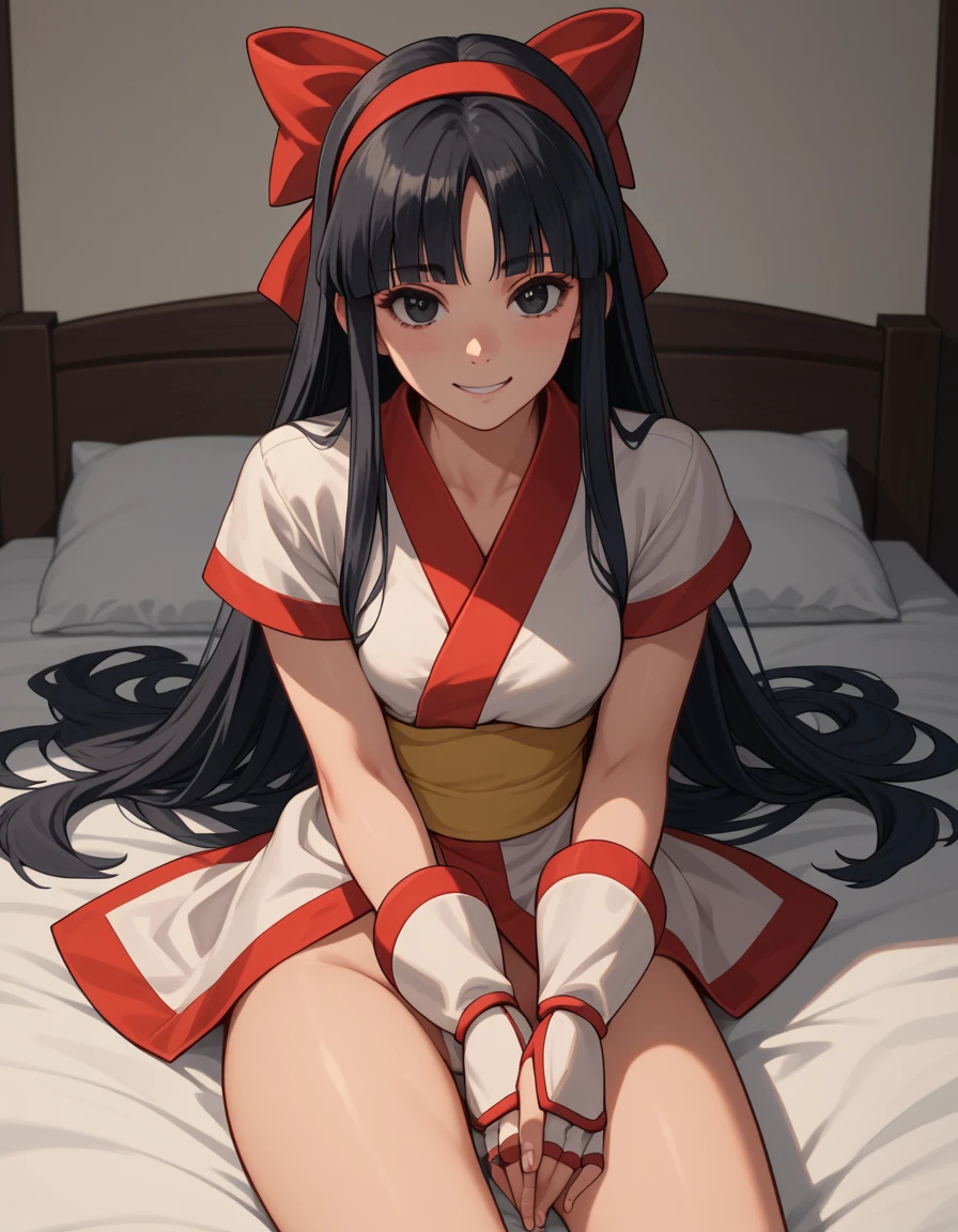 1girl, long hair, black hair, hair bow, hairband, black eyes, ainu clothes, short sleeves, fingerless gloves, on the bed, hotel room, "A seductive woman posing provocatively, fully aware that this photoshoot will be used as 'Masturbation material.' Her expression is one of playful acceptance, with a hint of a knowing smile." nsfw