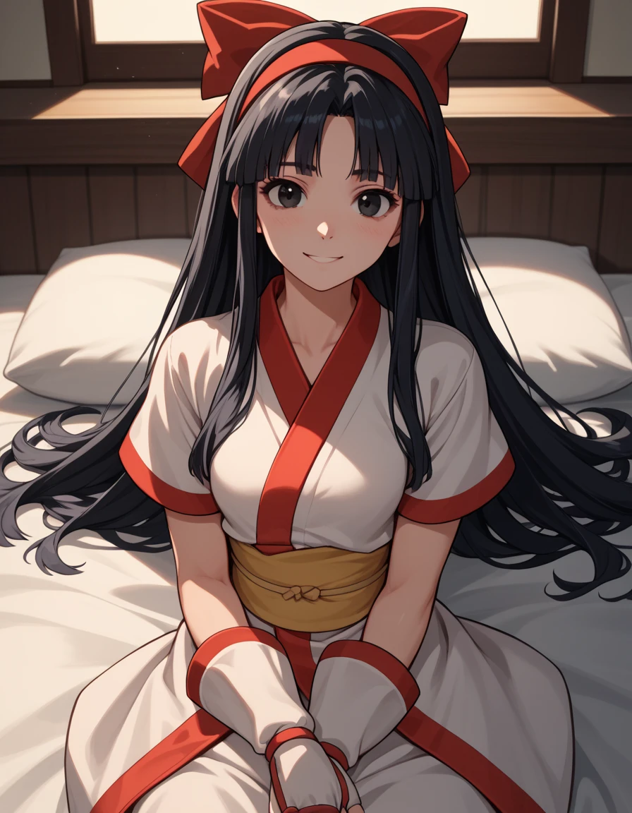 1girl, long hair, black hair, hair bow, hairband, black eyes, ainu clothes, short sleeves, fingerless gloves, on the bed, hotel room, "A seductive woman posing provocatively, fully aware that this photoshoot will be used as 'Masturbation material.' Her expression is one of playful acceptance, with a hint of a knowing smile." nsfw