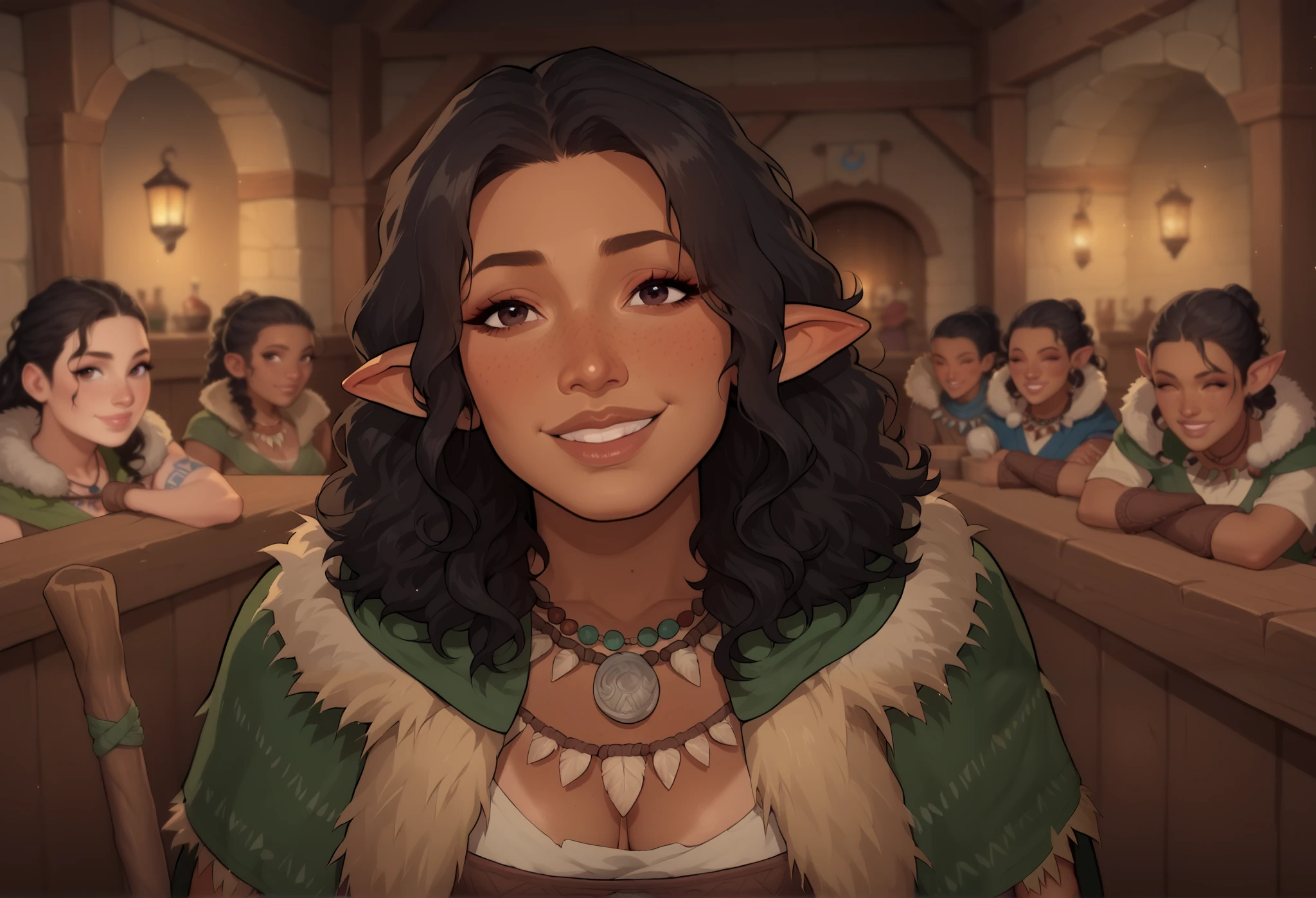 (((beautiful, high quality, comics style, detailed face))), score_9, score_8_up, score_7_up, BREAK, solo:1.4, pointed ears, (mature woman, milf, 55yo), Latina appearance, long frizzy black hair, perfect dark eyes, (high cheek bones: 1.0), ((brown skin, tanned skin:1.3)), sexy body, freckles, small perky breasts, lanky, gangly, small medium cleavage, (black fur trimmed cape:1.2), chest, tribal clothes, chest band, necklace of teeth, holding a wooden staff, brown fur cape, female focus, gentile smile, portrait, upper body, portrait, looking at the viewer, front view, bent over, vest, arm tattoos, fantasy tavern, blurred background, (dynamic lighting:1.1) ((masterpiece)), Expressiveh, detailx